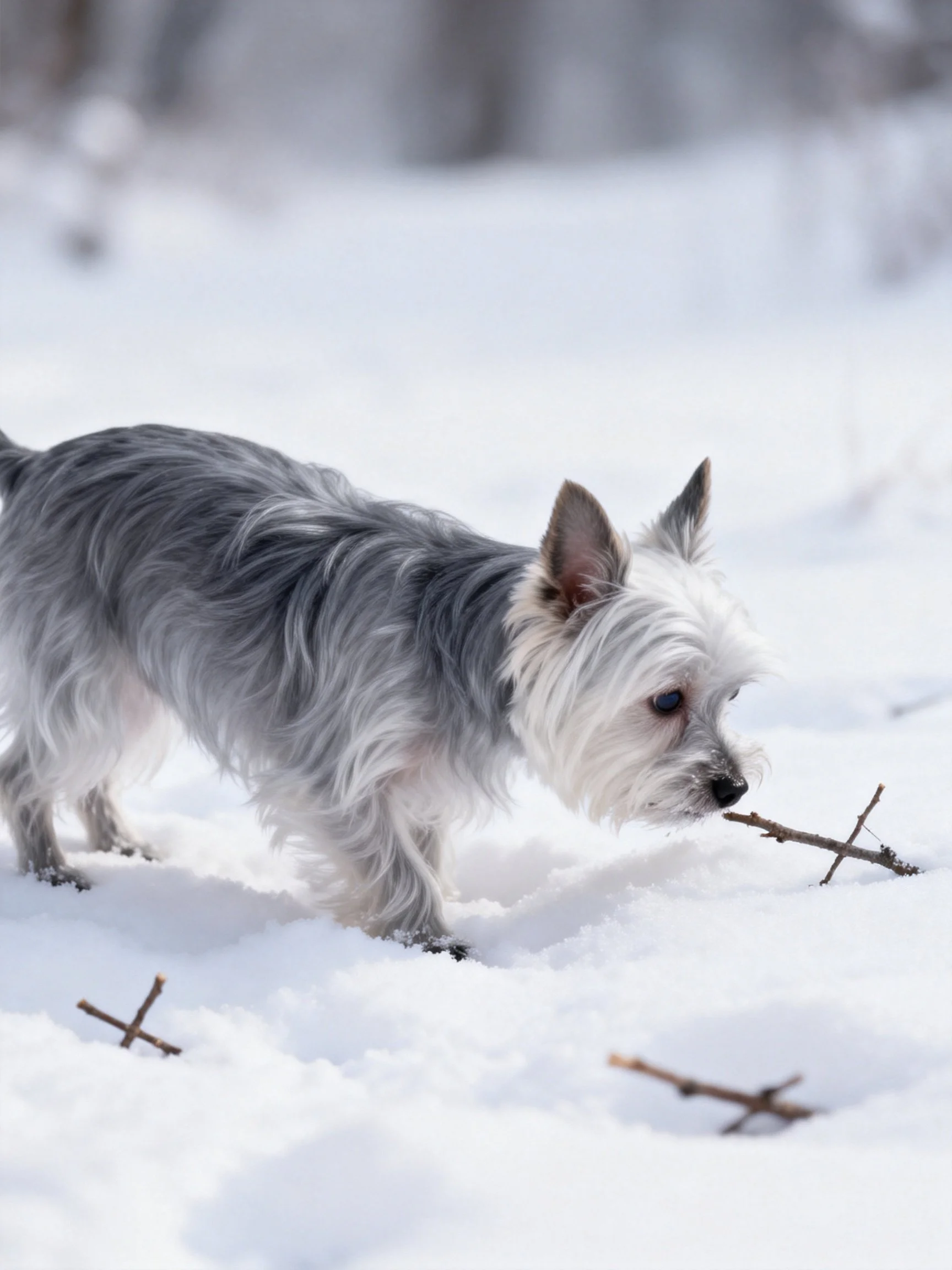 A small terrier investigates twigs scattered in deep snow.