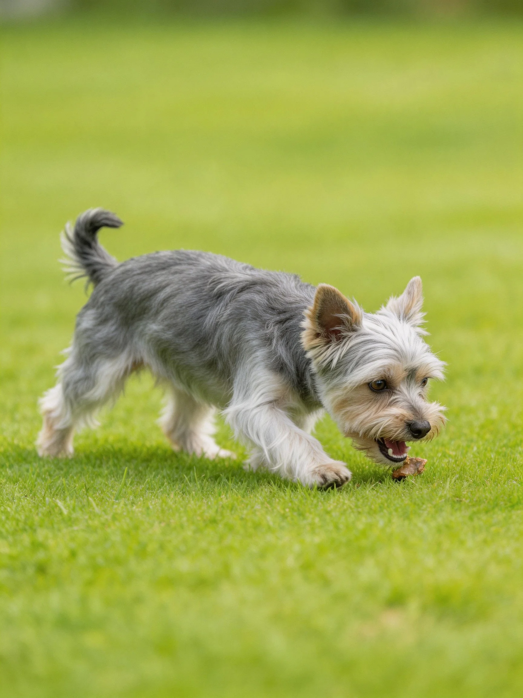 A small gray and white dog carries an object while on green grass