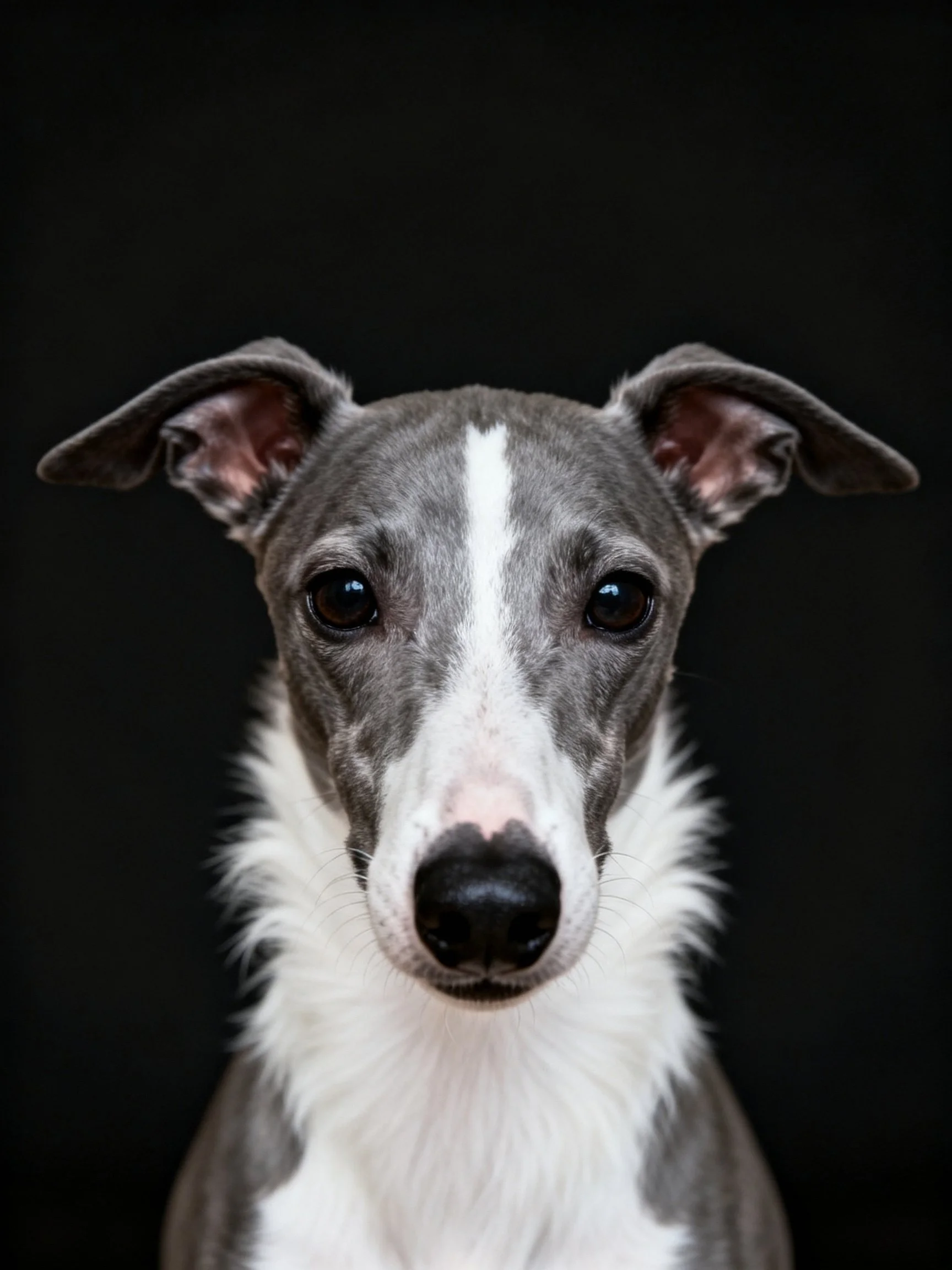 A gray and white whippet dog with upright ears on a black background