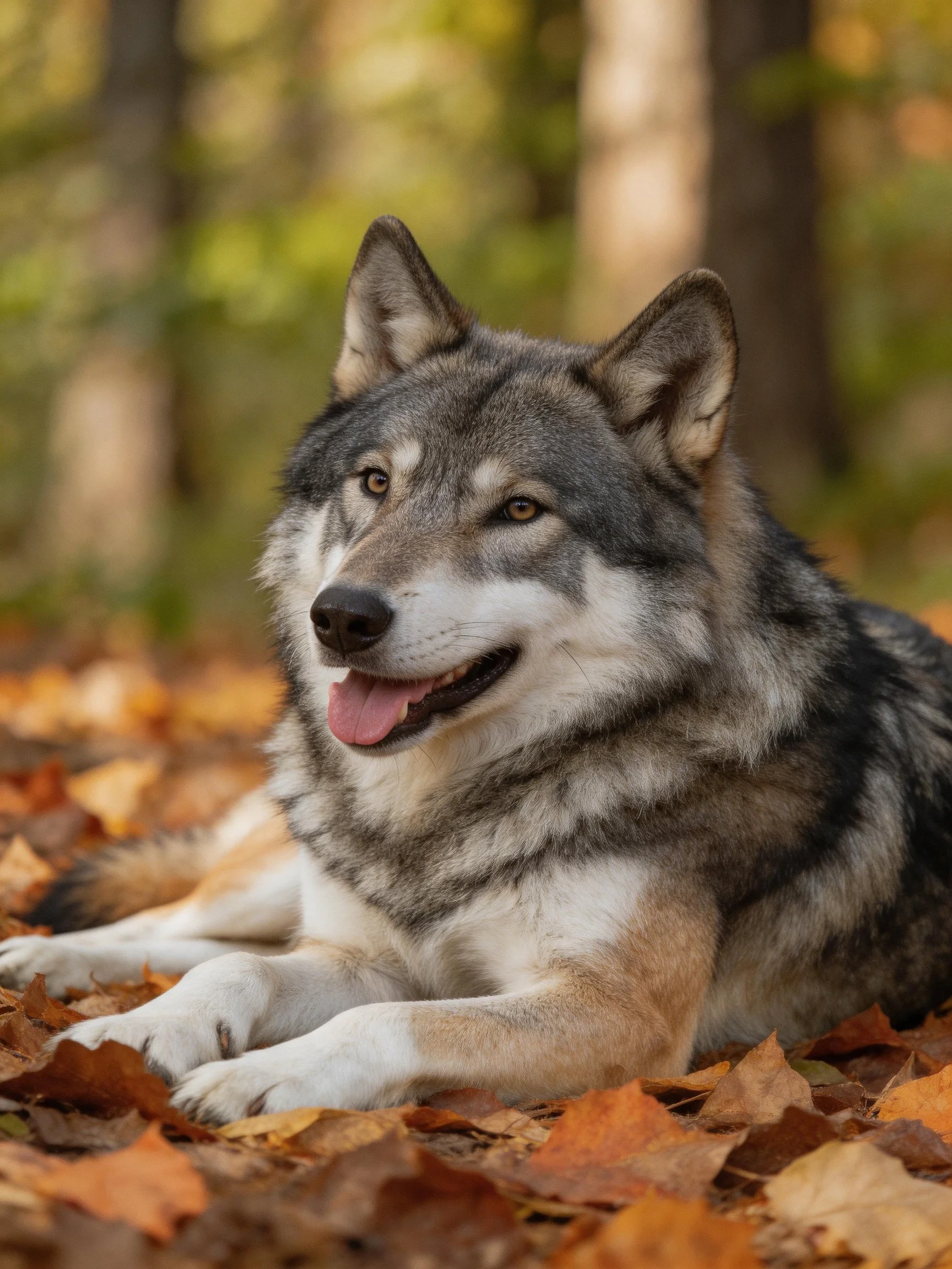 A gray and white wolf-dog rests amid golden autumn leaves