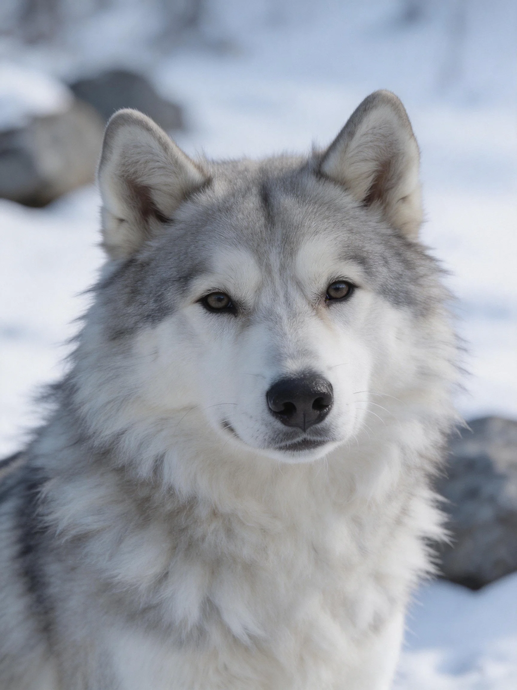 A gray and white wolf in a snowy landscape with rocks