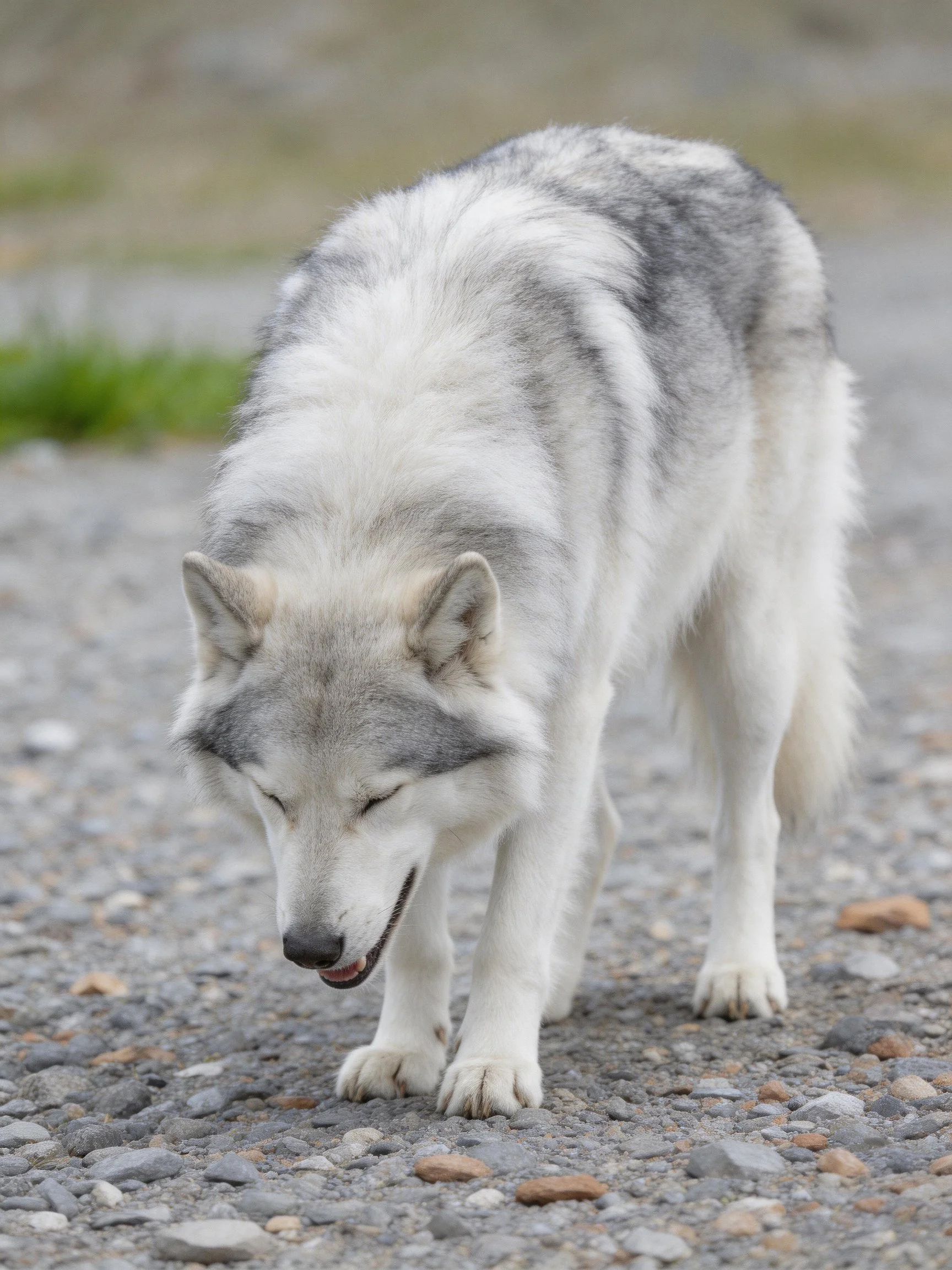 A gray-and-white wolf-like dog moves slowly on a gravel path
