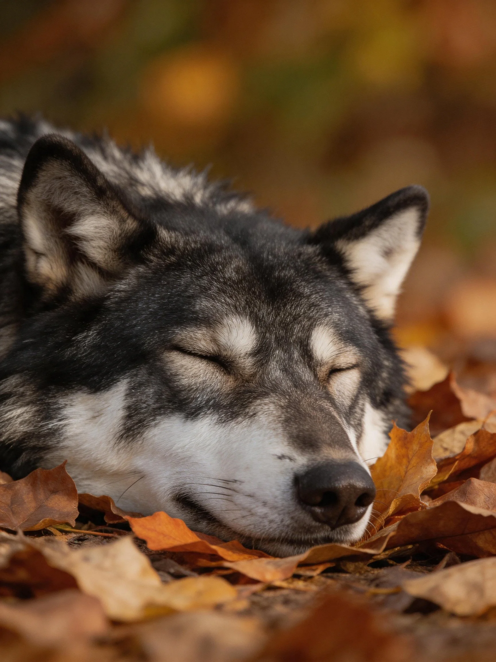 A gray and white wolf resting on autumn leaves