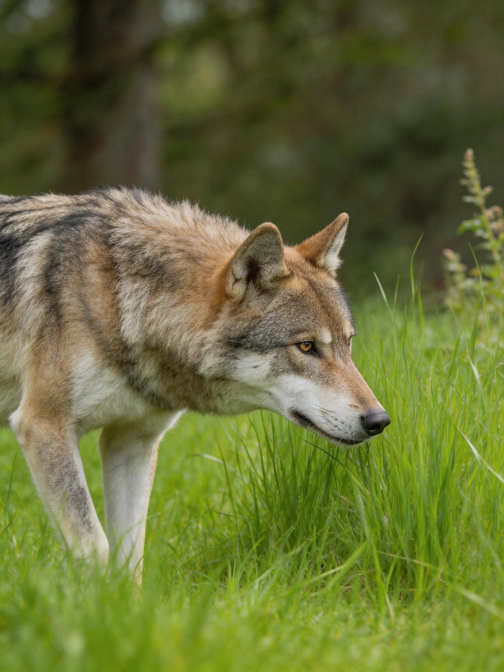 A wolf focuses intently while exploring a grassy area.