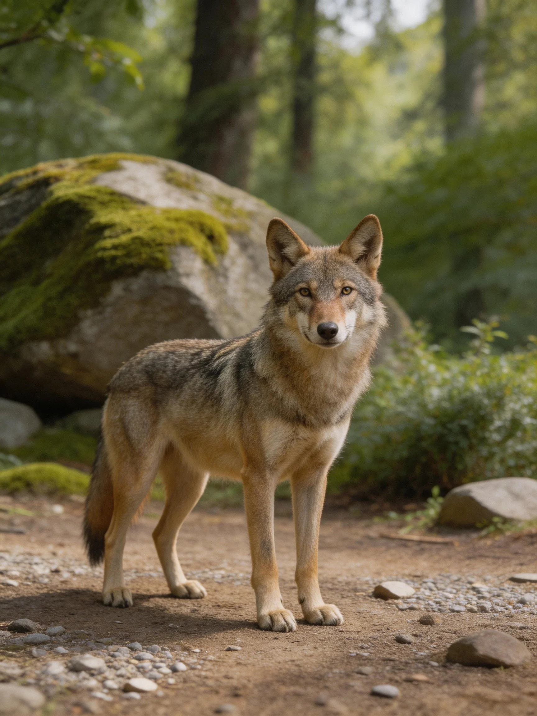A wolf stands alert on a forest path beside mossy boulders.