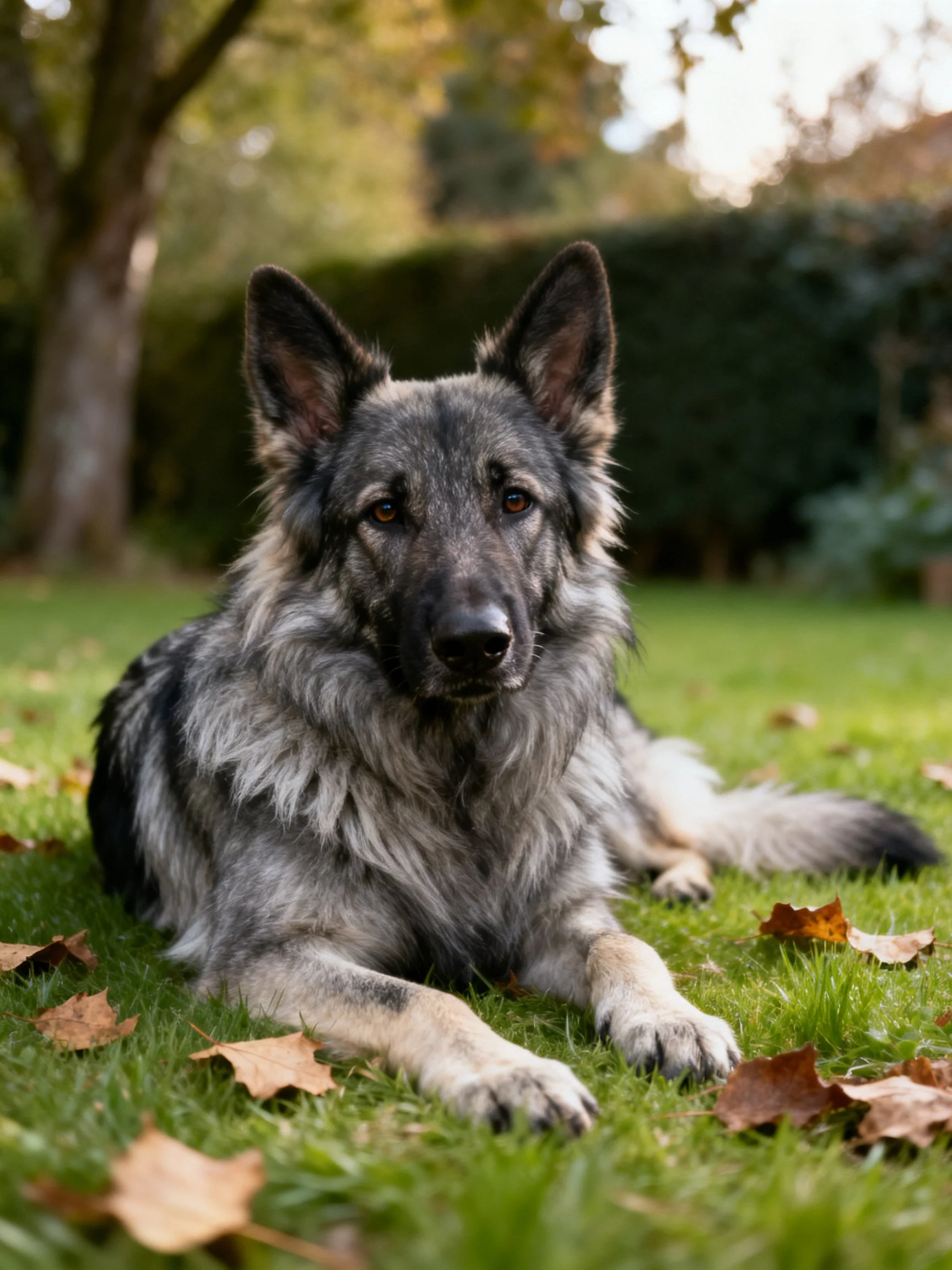 A German Shepherd rests on grass surrounded by fallen leaves