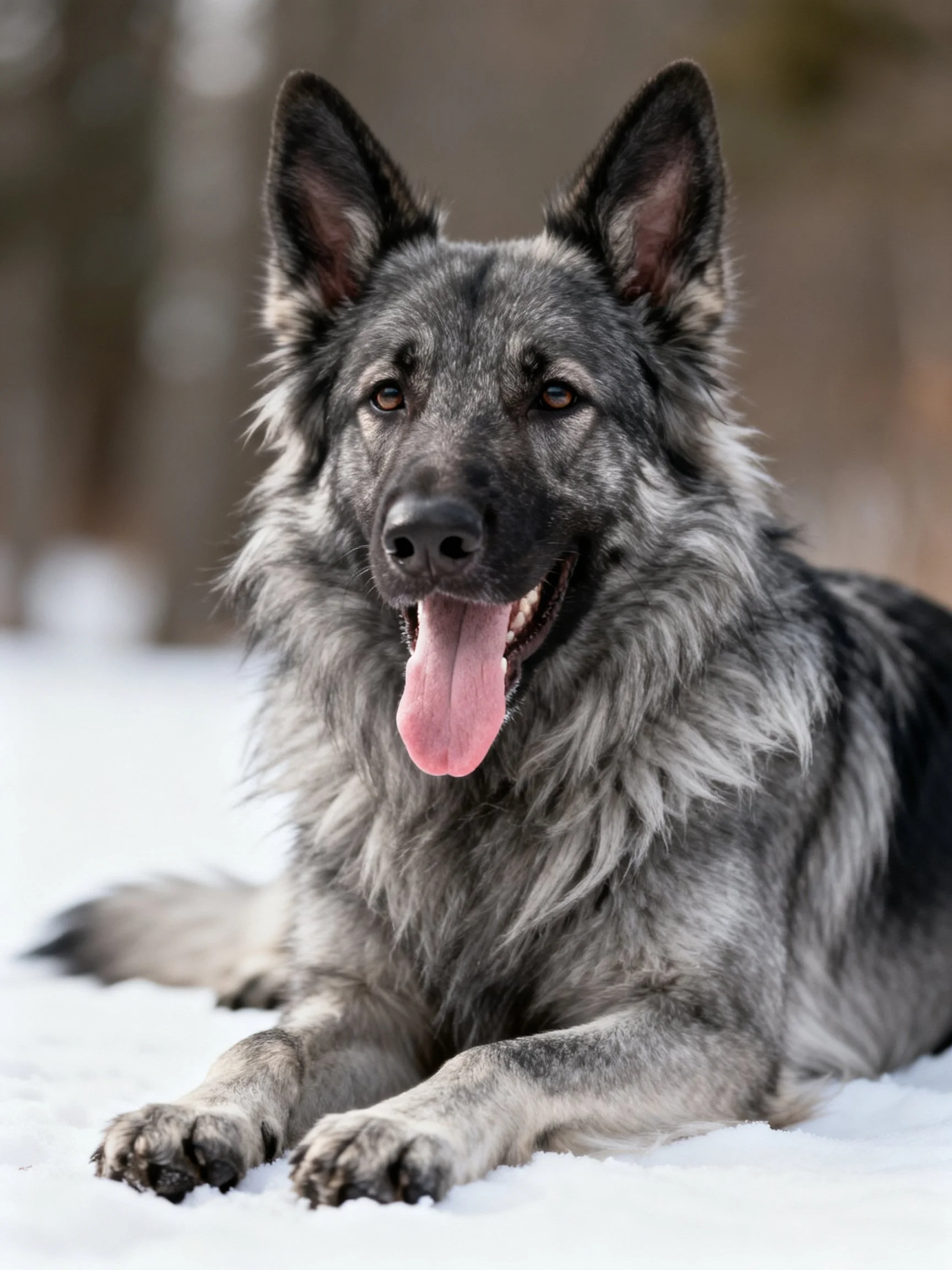 A gray-coated dog rests on snow