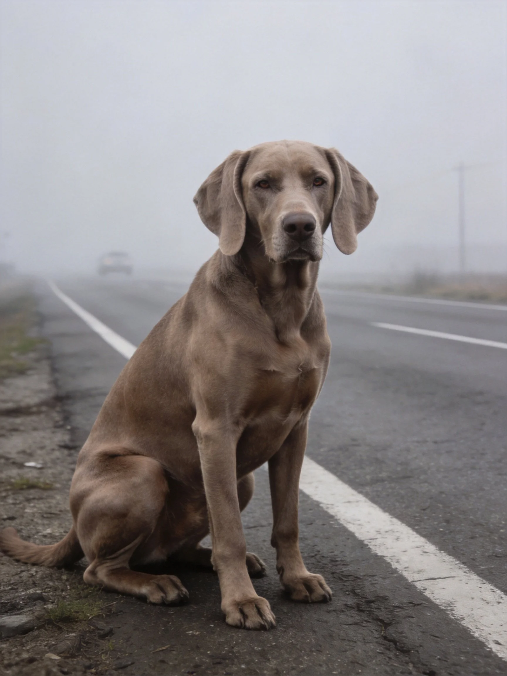 A gray-coated dog sits on a foggy roadside