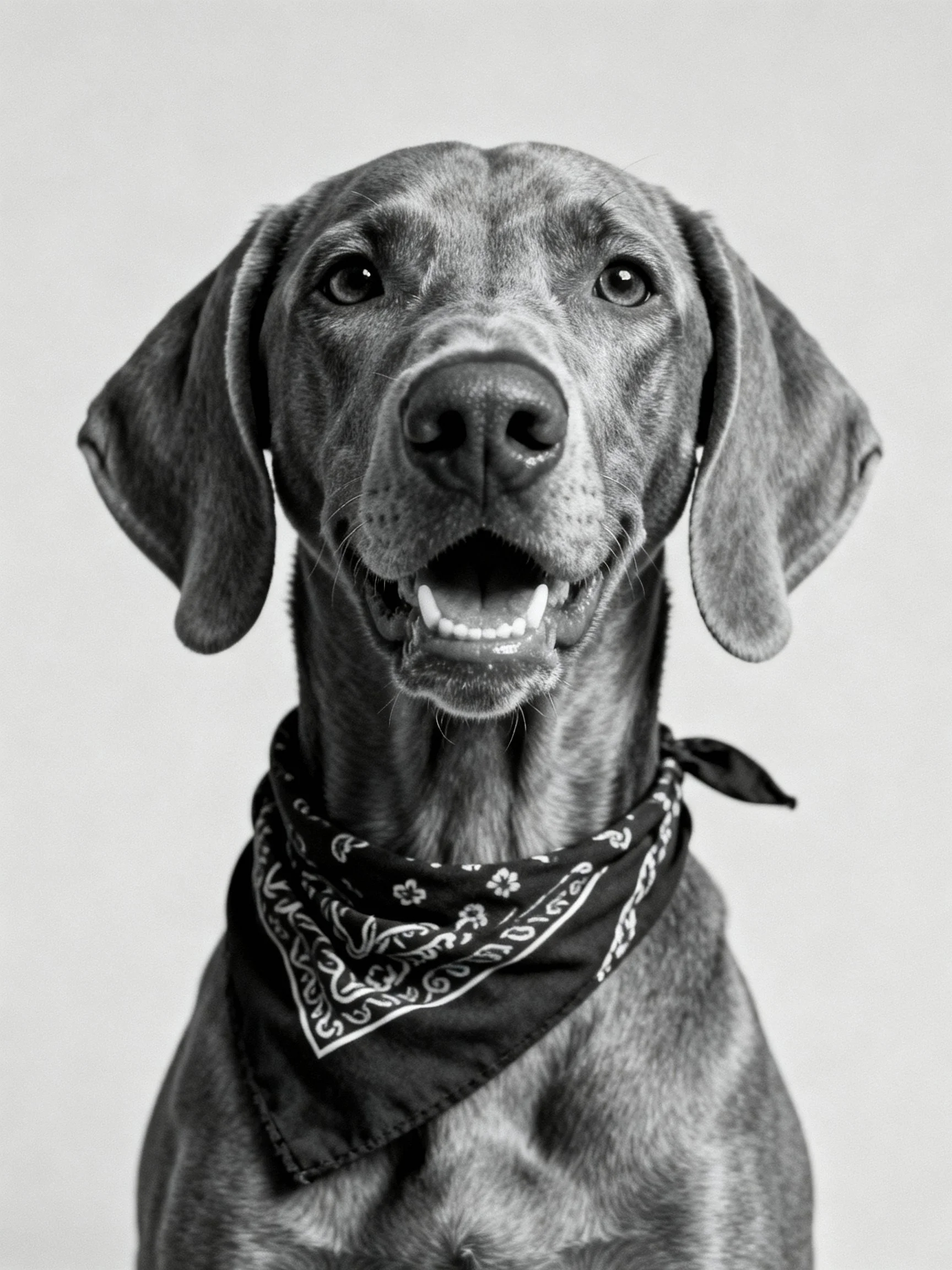 A gray-coated dog wearing a patterned bandana in black and white