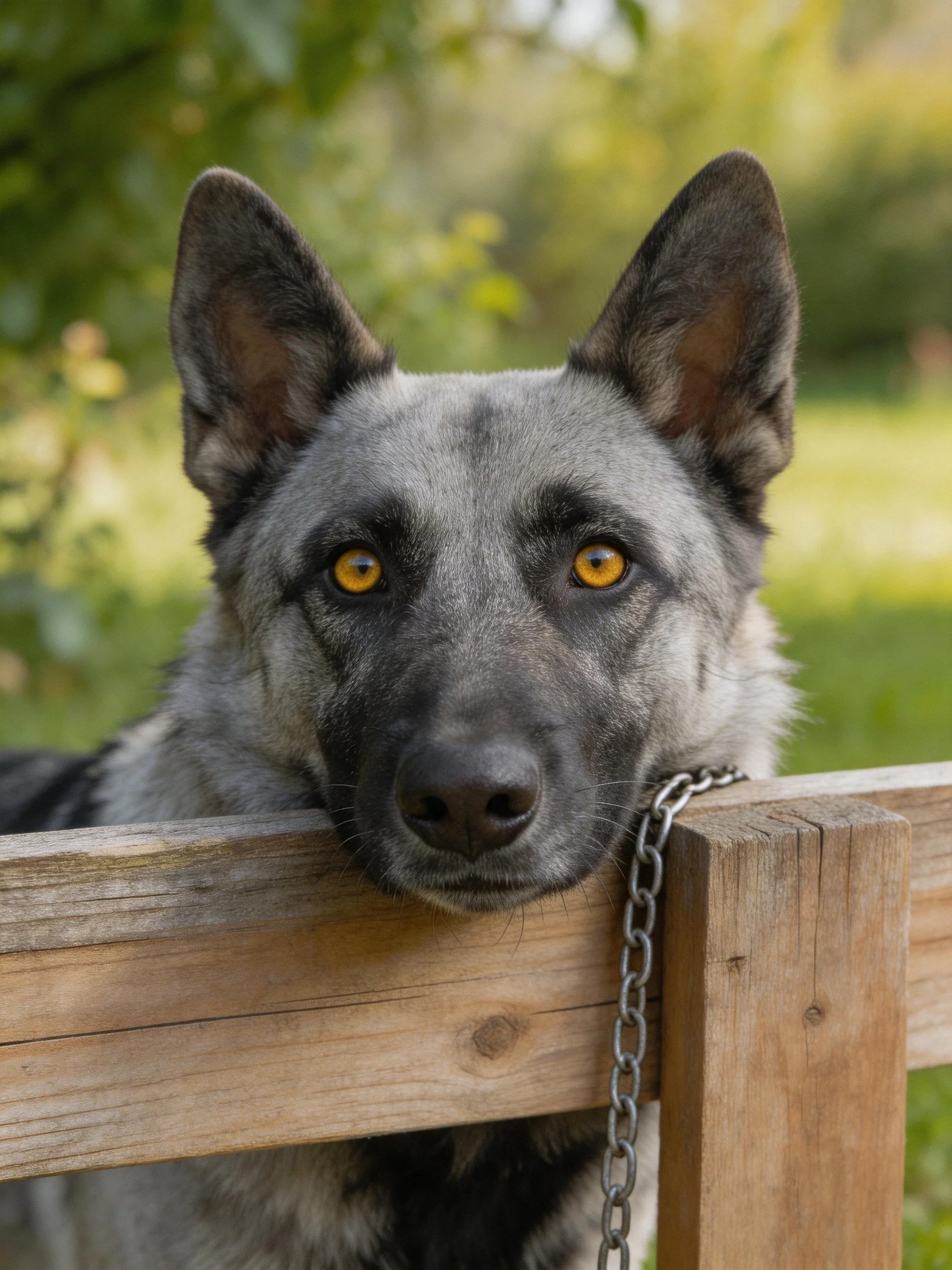 A gray-coated dog with amber eyes rests by a wooden fence