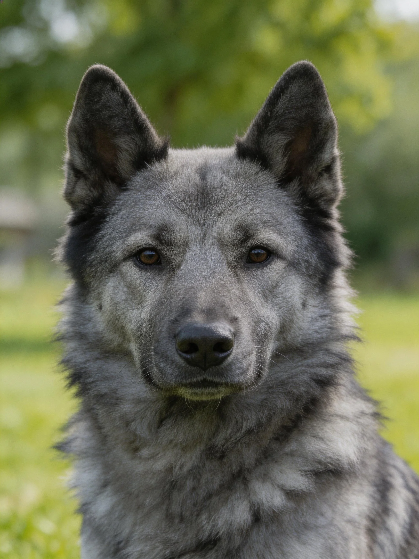 A gray-coated dog with pointed ears in a green outdoor landscape