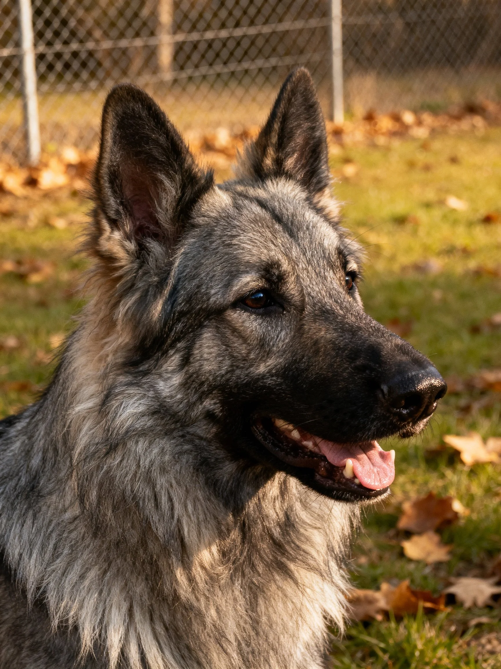 A gray-coated dog with pointed ears in an autumn yard