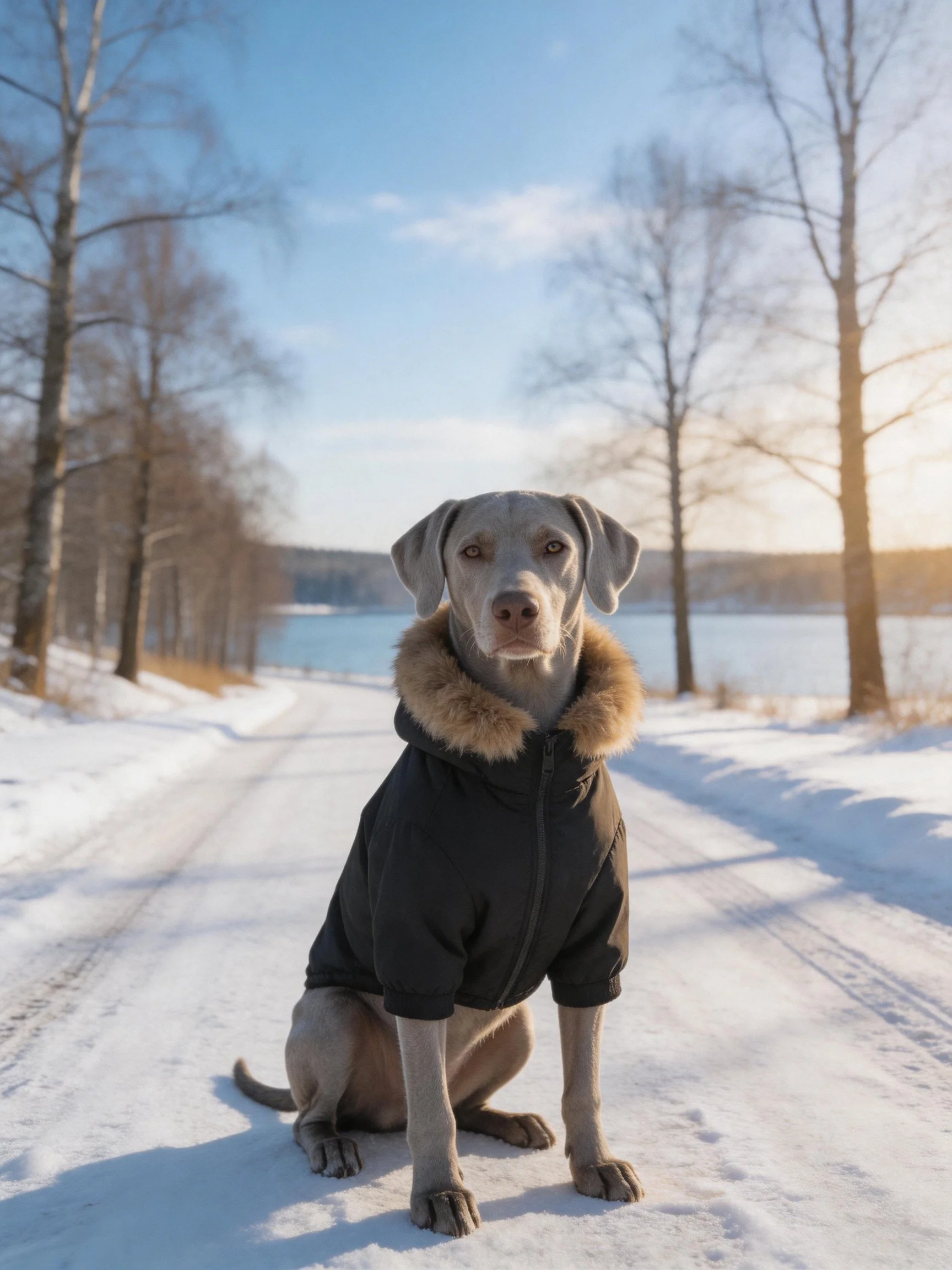 A gray dog in a black fur - lined coat sits on a snowy path near a frozen lake