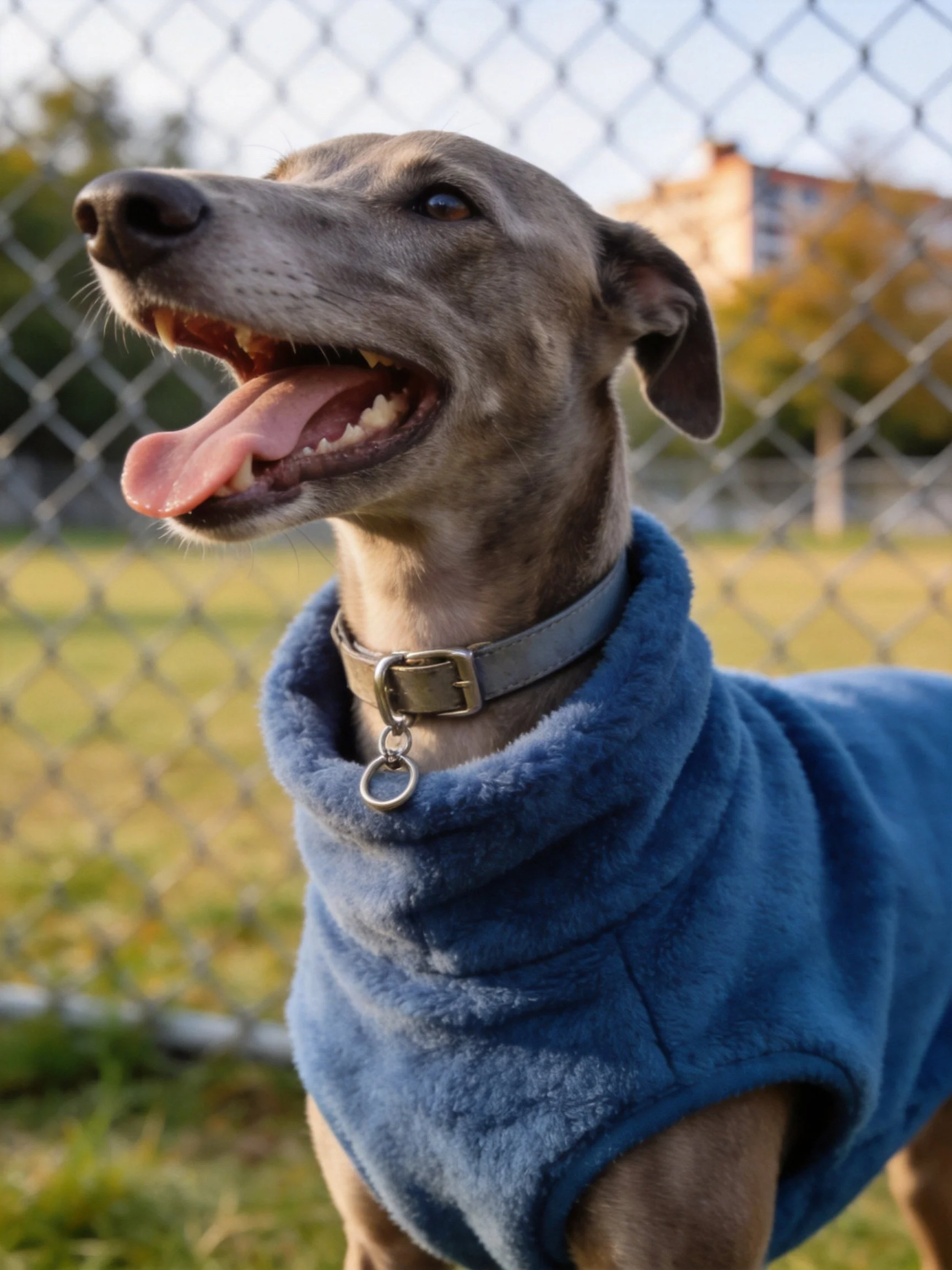 A gray dog in a blue fleece coat near a chain-link fence