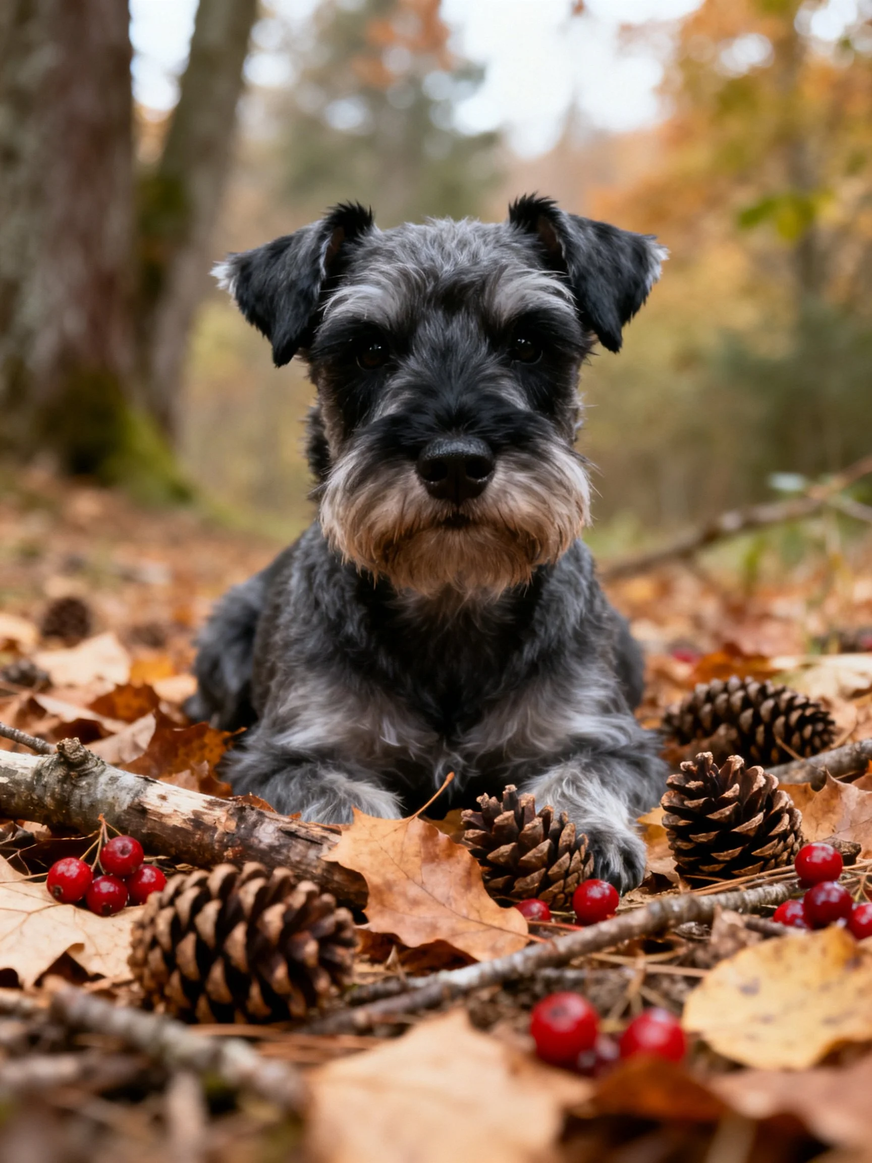 A gray dog sits calmly among autumns natural elements like pinecones and berries.