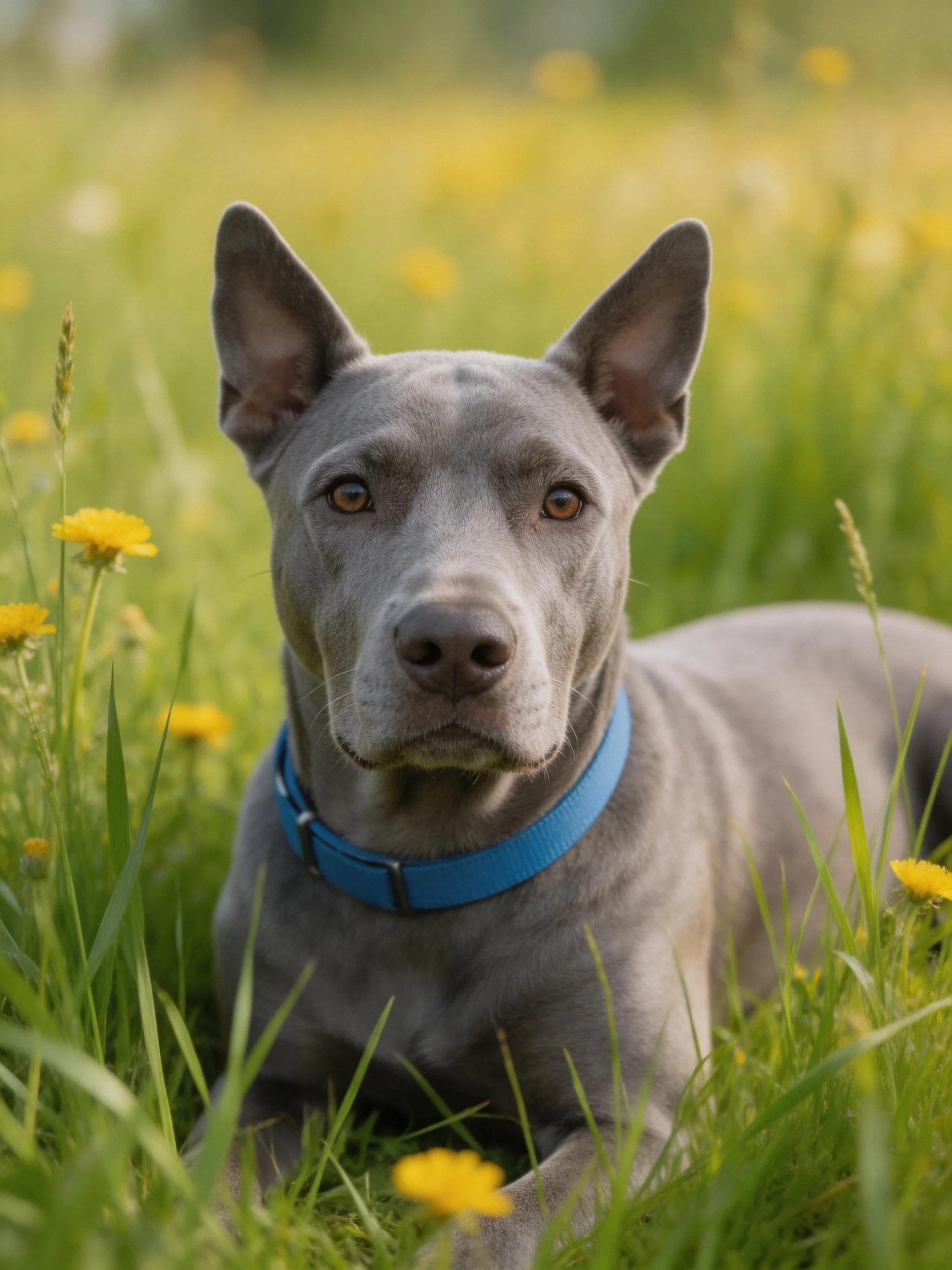 A gray dog relaxes in a sunlit meadow with green grass and yellow flowers.
