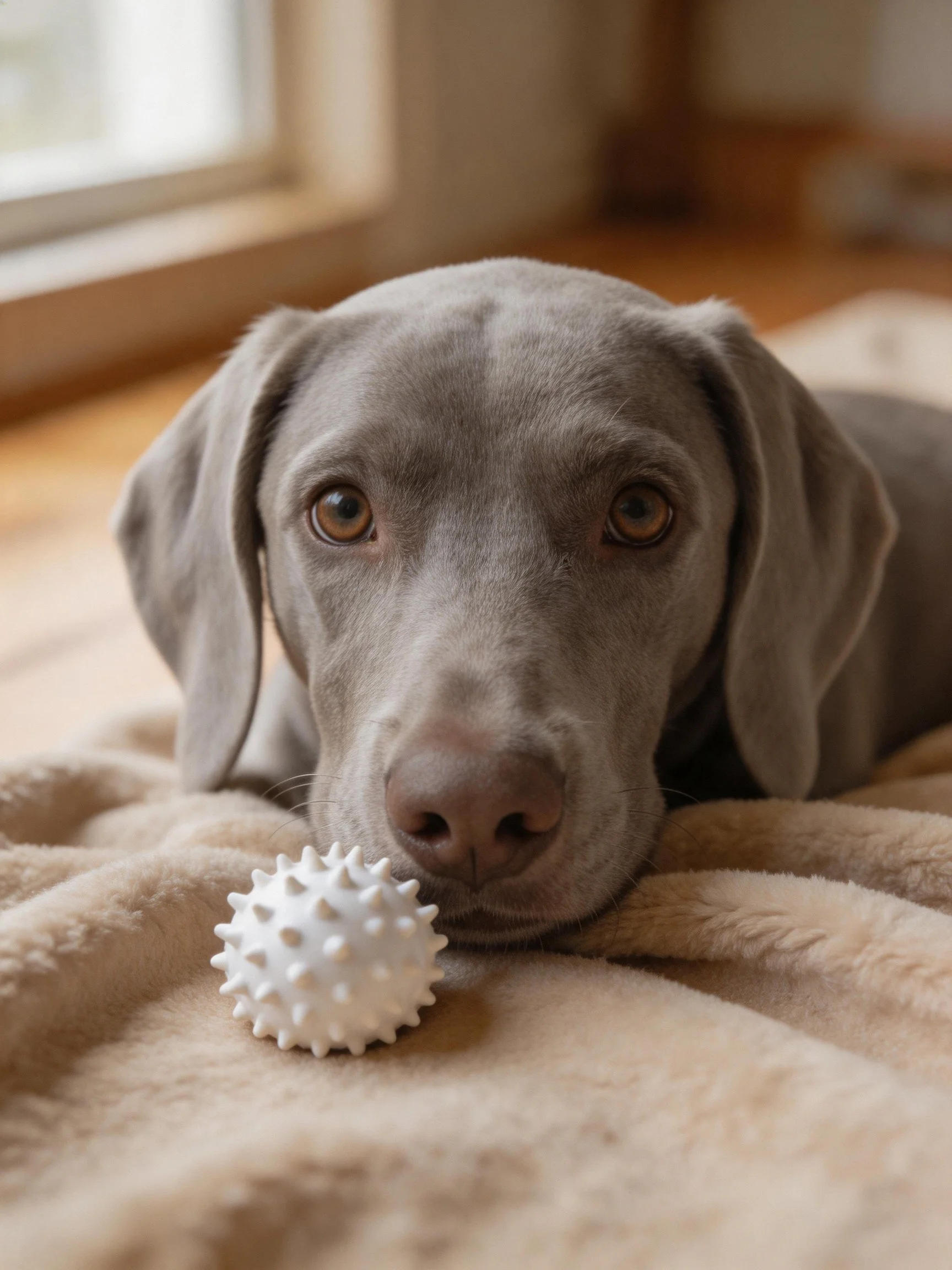 A gray dog rests near a white spiked toy on a soft blanket