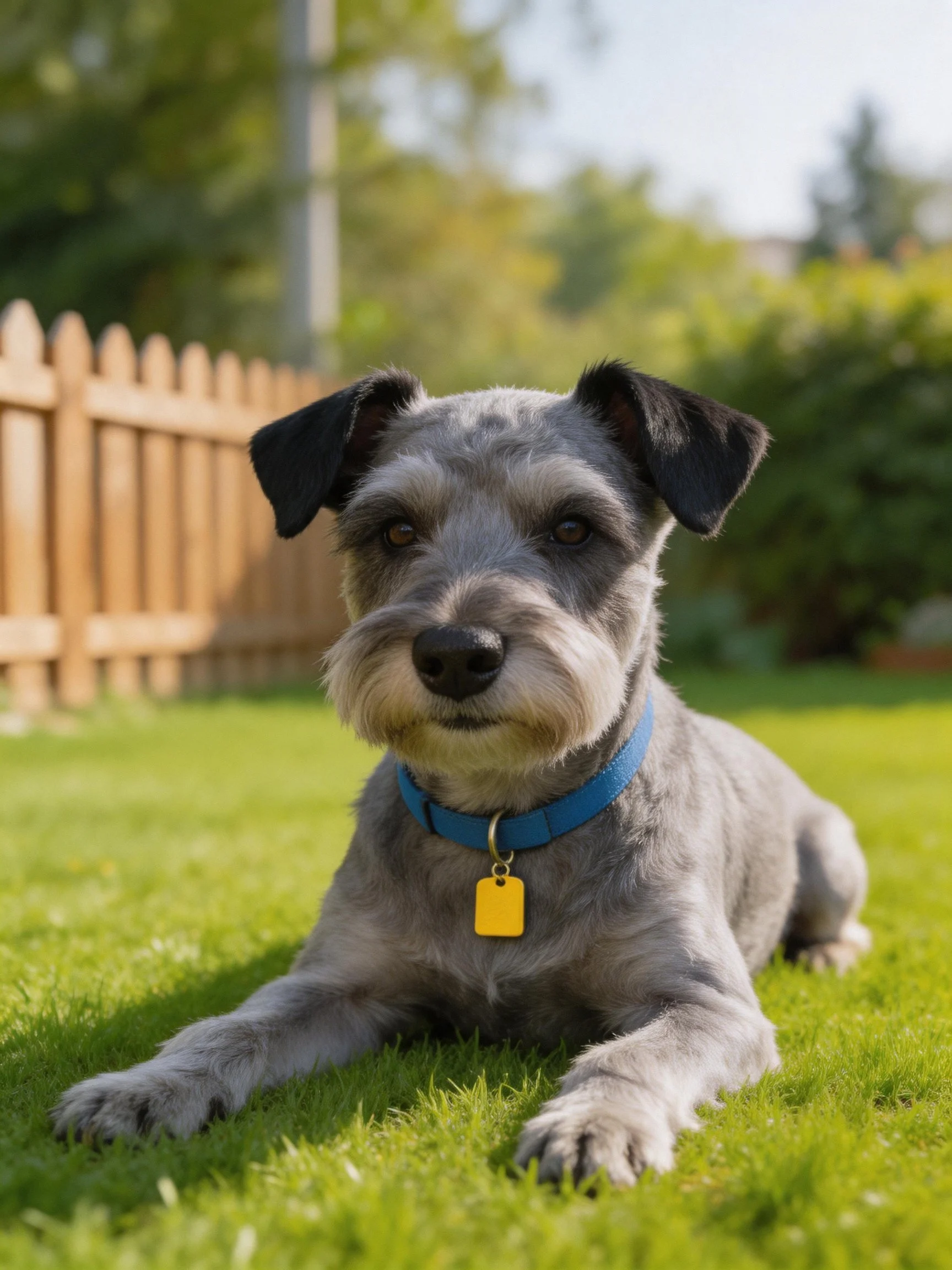 A gray dog lies calmly on grass in a sunny backyard.