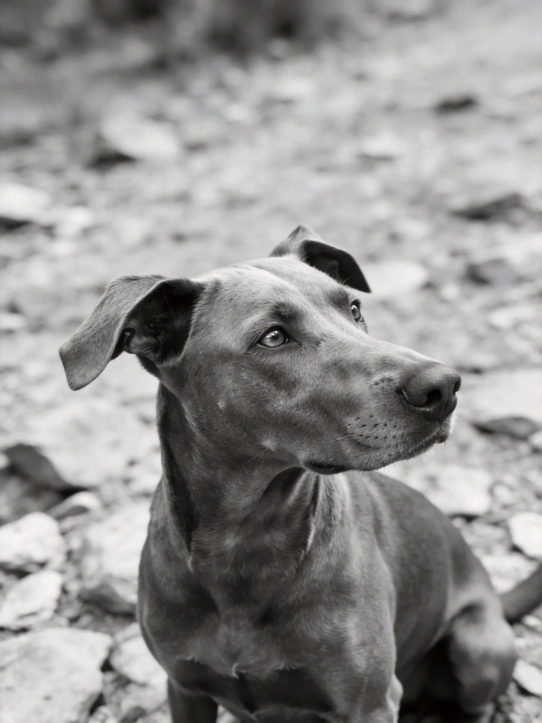 A gray dog sits attentively among scattered rocks in monochrome