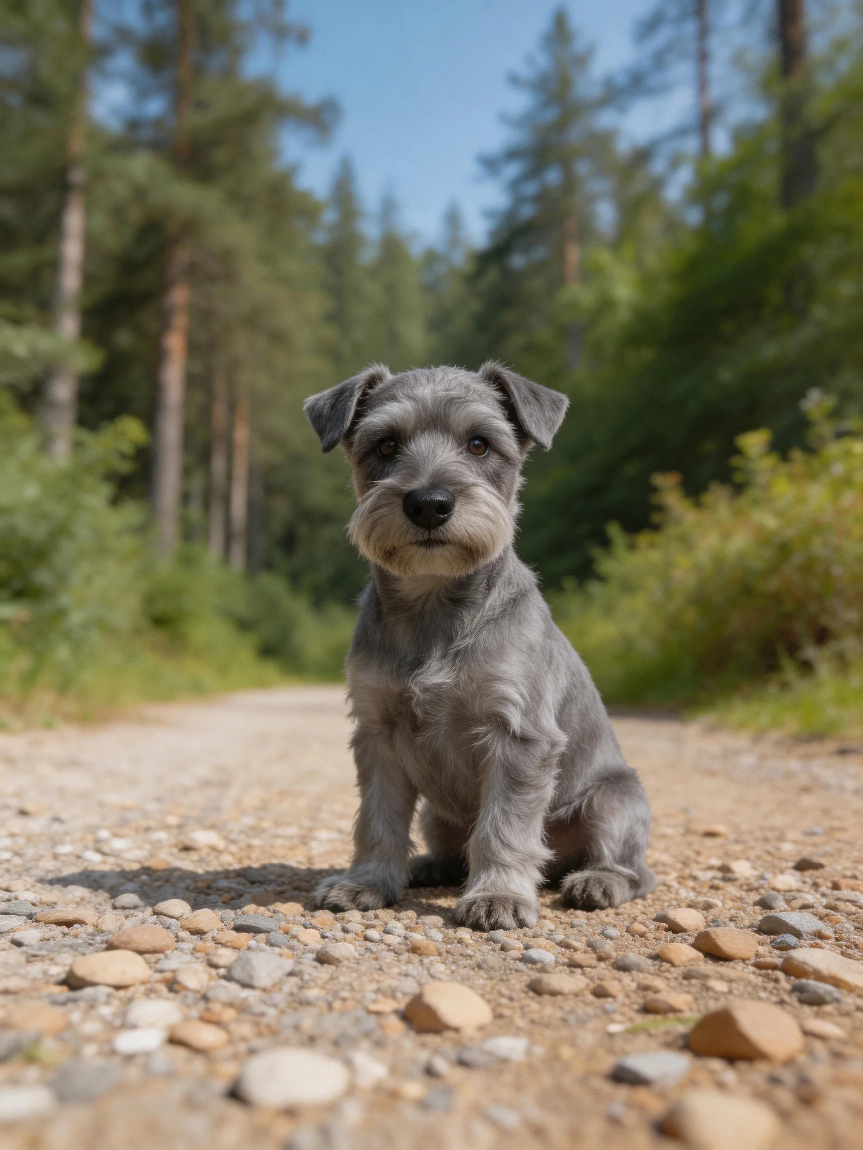 A gray dog sits calmly on a gravel path in a forested area.