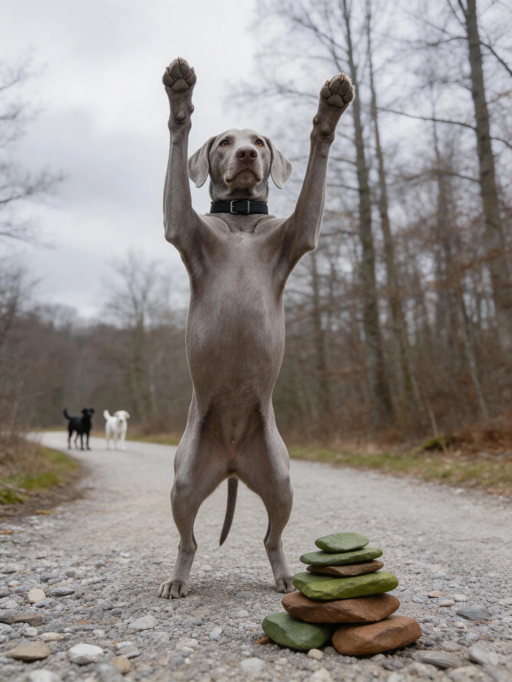 A gray dog stands upright by stacked stones with two dogs in the distance