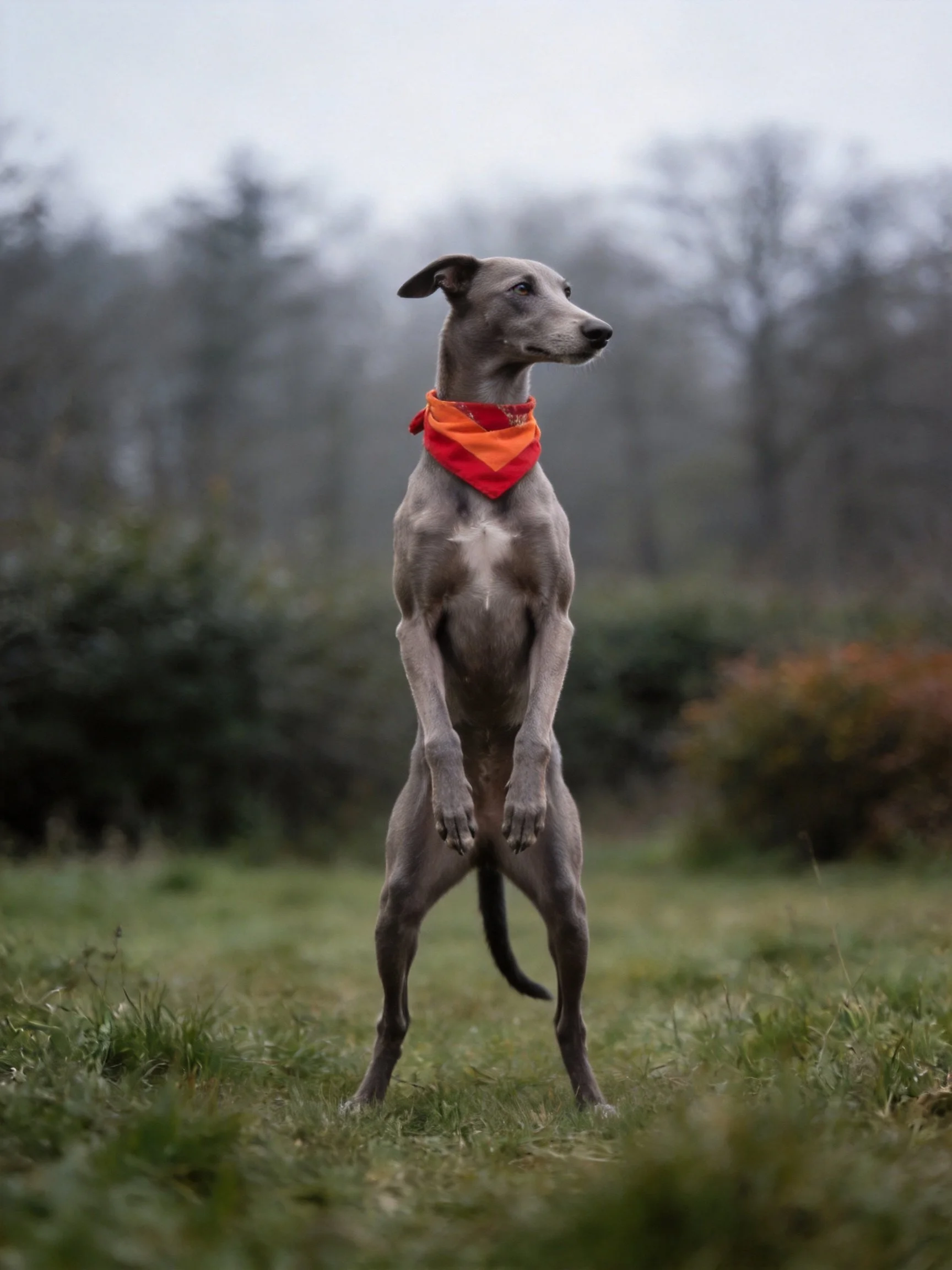 A gray dog stands upright on hind legs with a red-orange bandana in a grassy field