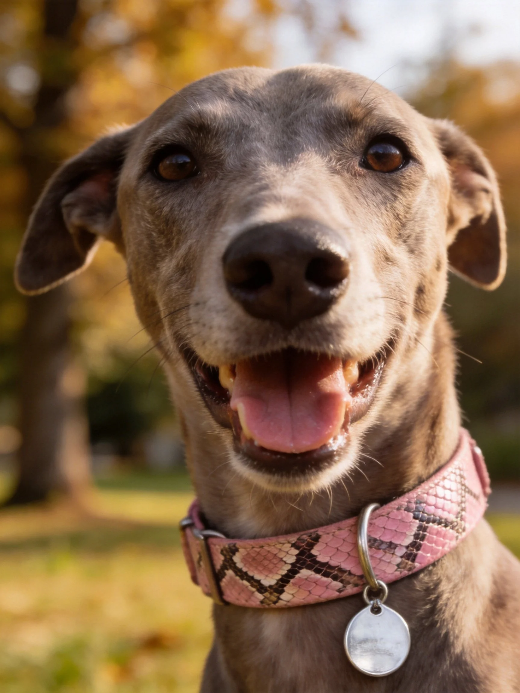A gray dog with a pink patterned collar outdoors