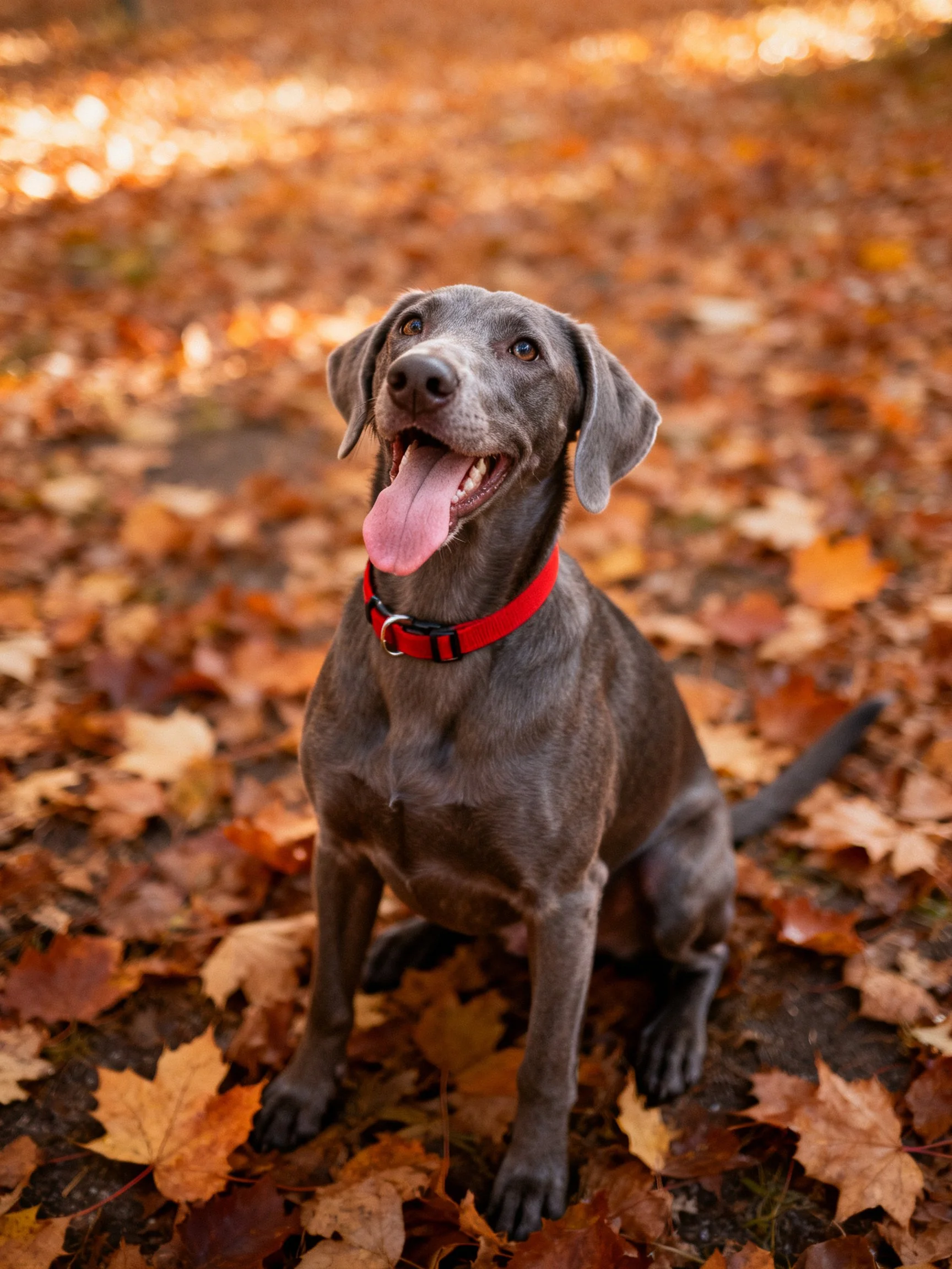 A gray dog with a red collar sits amid autumn leaves.