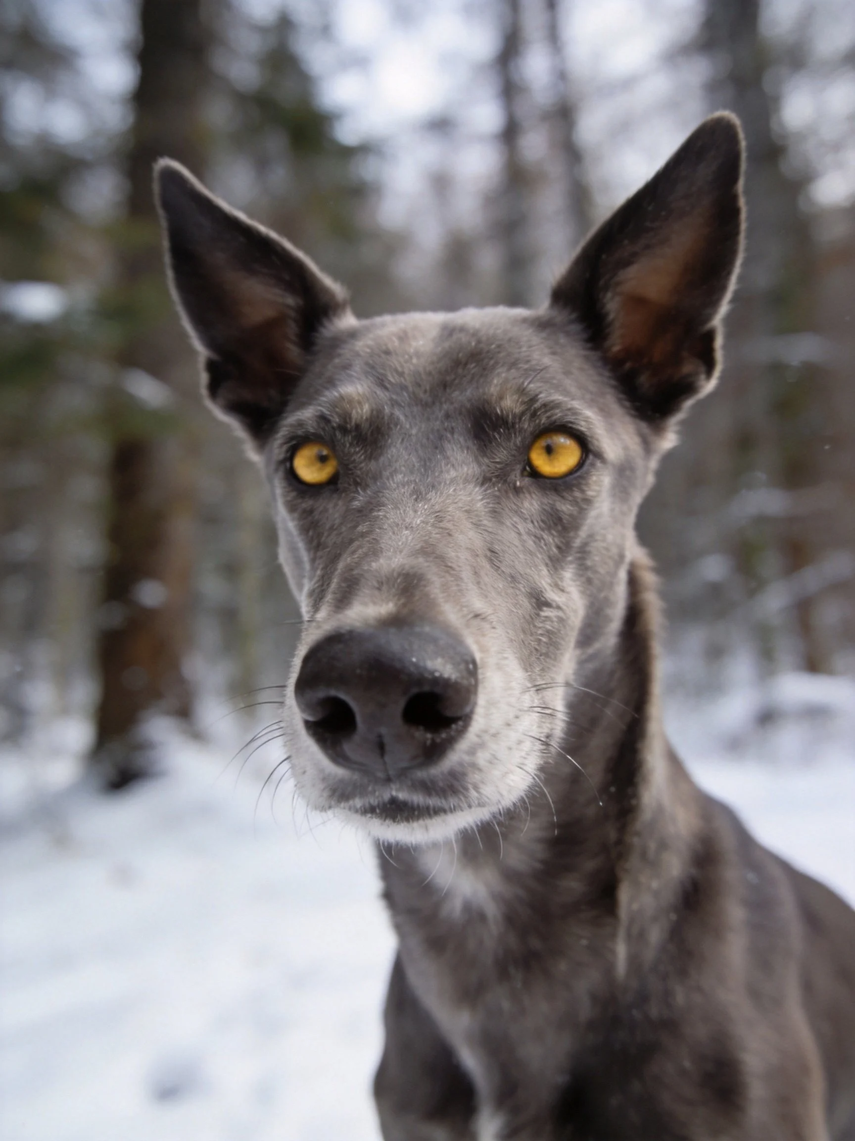 A gray dog with striking yellow eyes is depicted in a wintry forest scene.