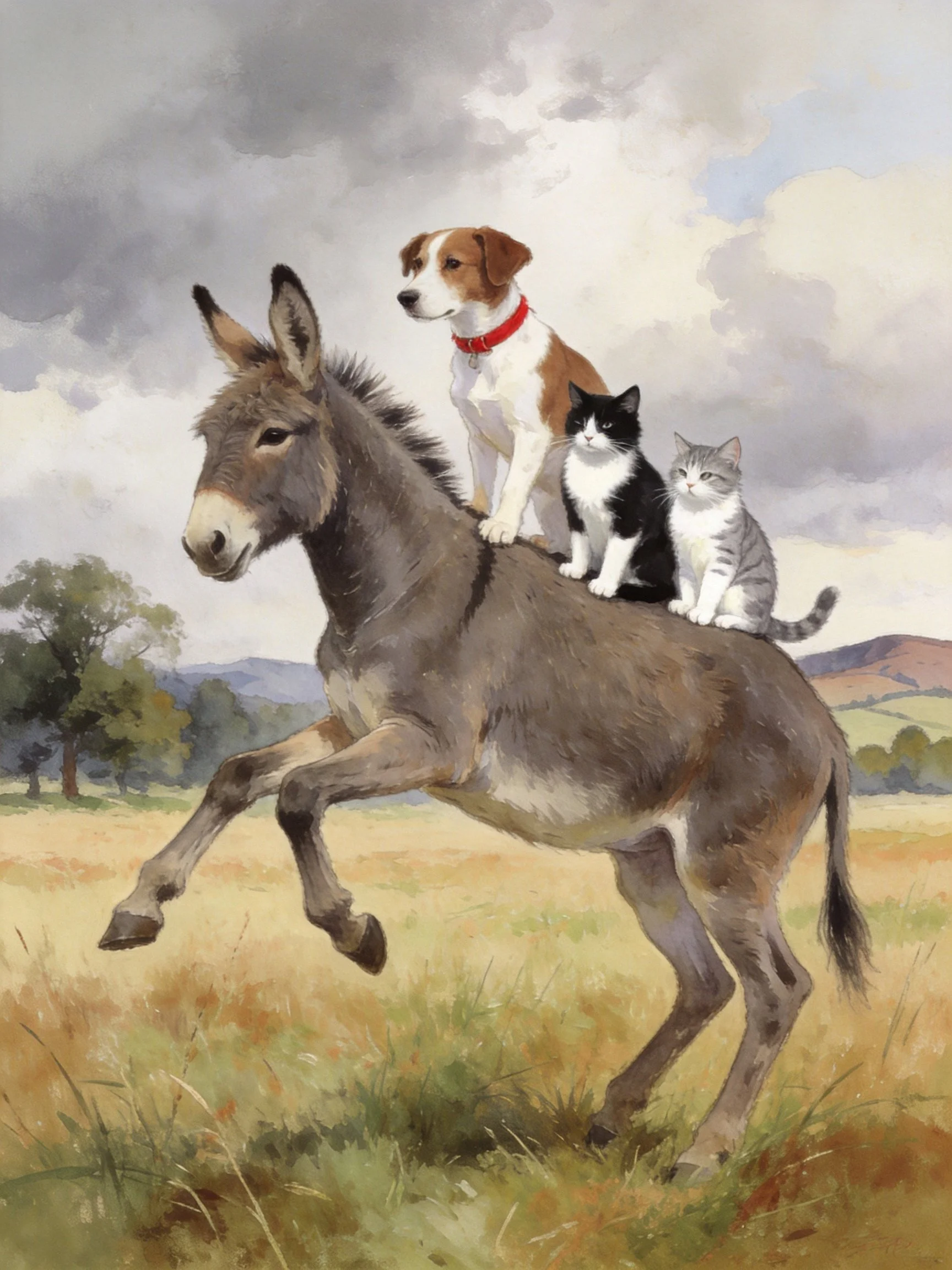 A donkey leaps through a field while carrying a dog and two cats on its back