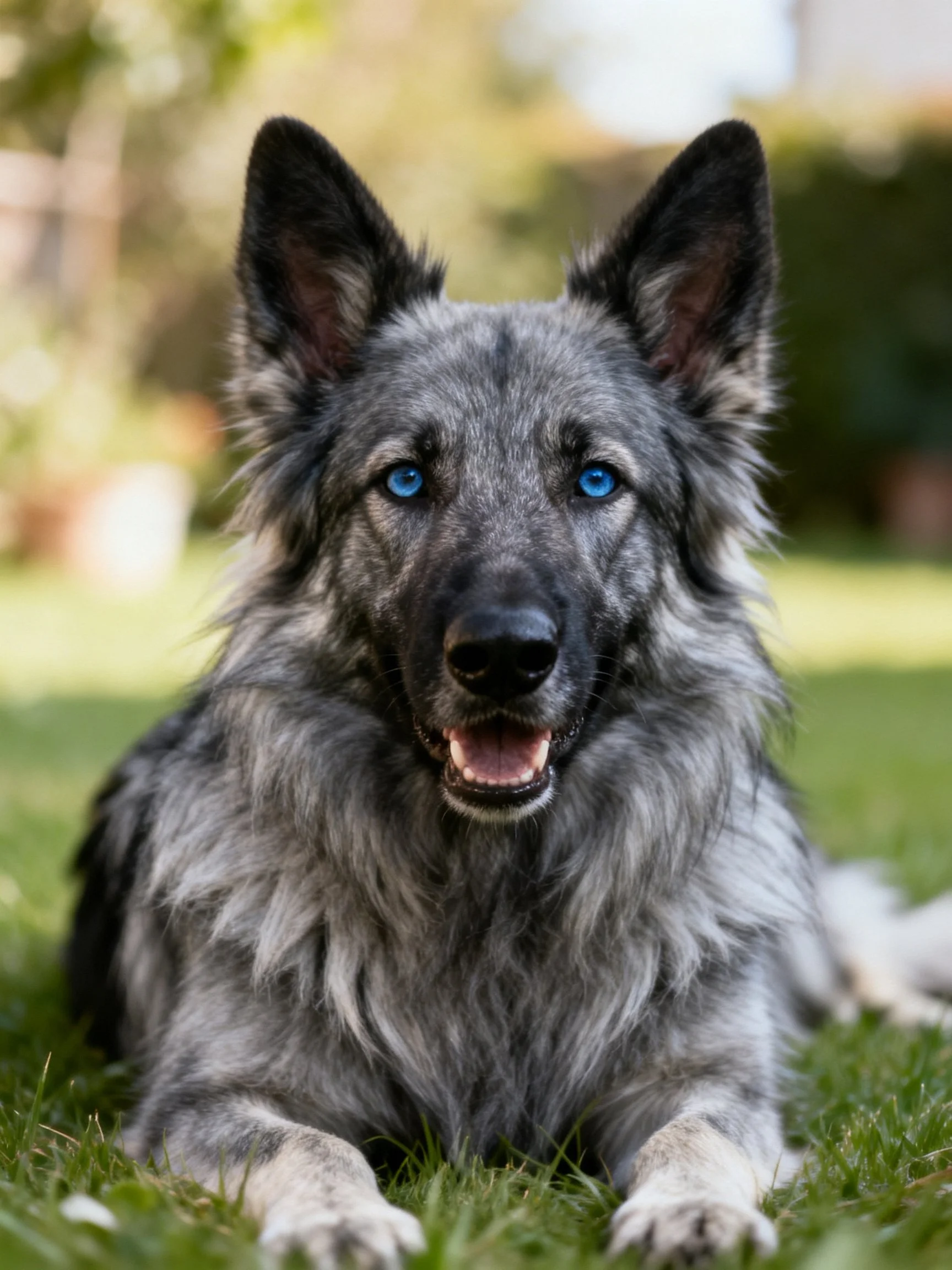 A gray-furred dog with bright blue eyes rests on green grass
