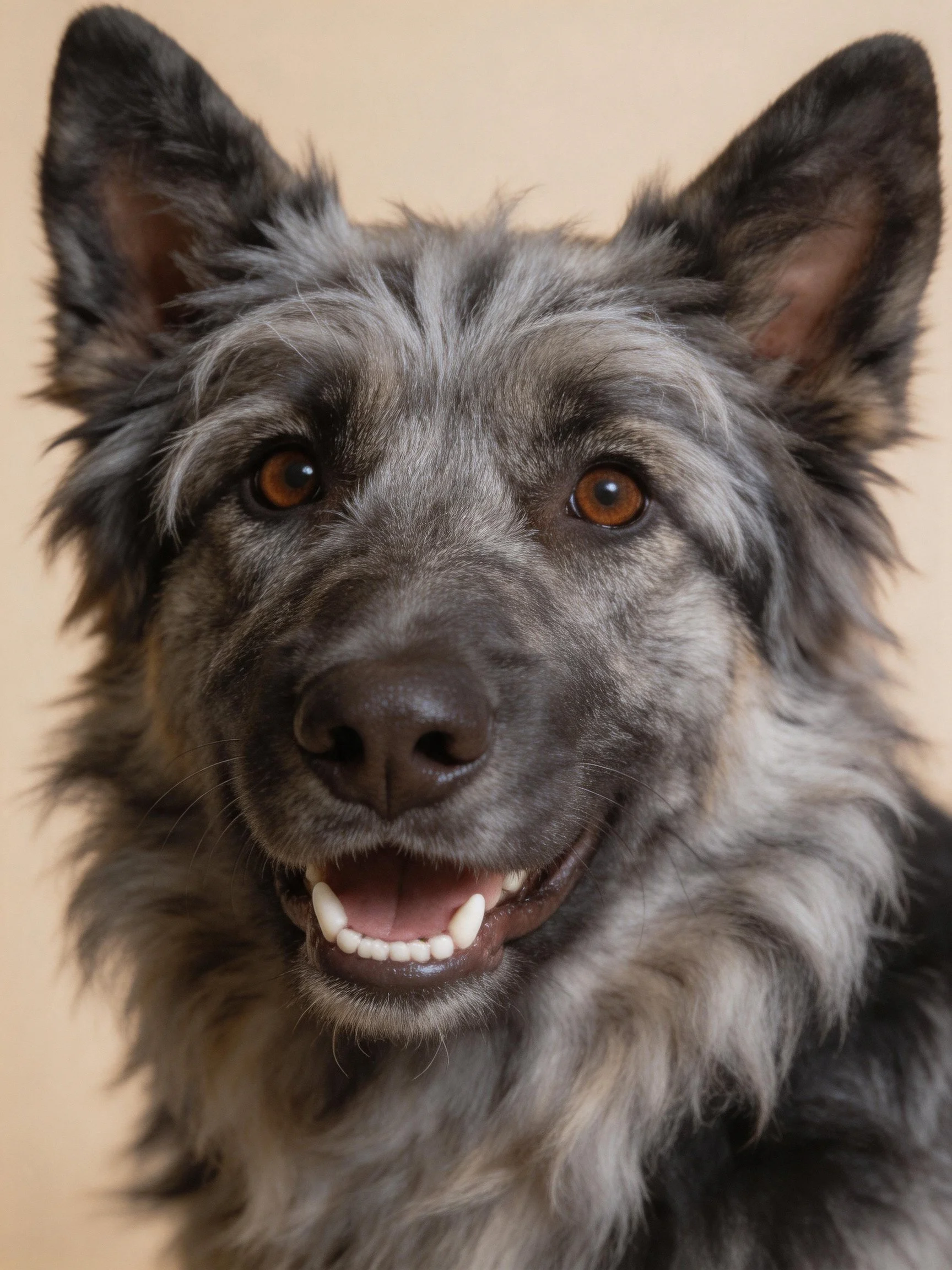 A gray-furred dog with brown eyes and upright ears