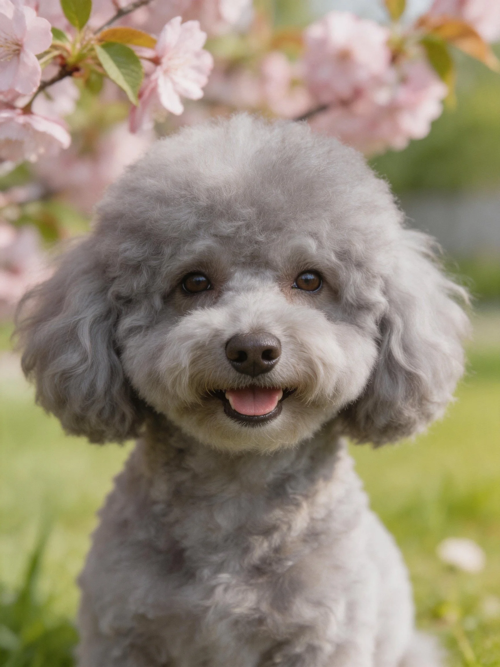 A gray poodle poses happily amid blooming cherry blossom trees.
