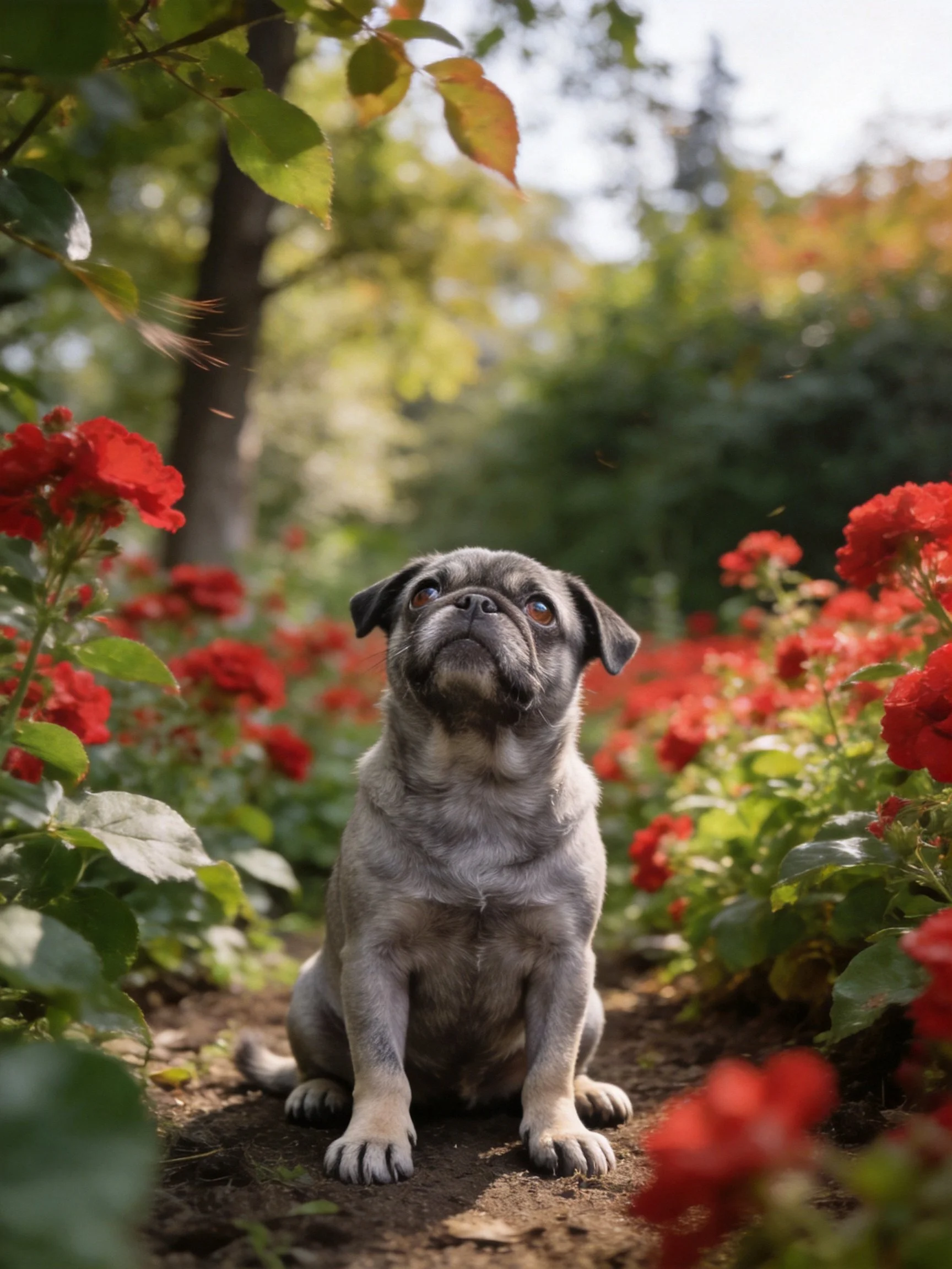 A gray pug sits calmly among red roses in a sunlit garden setting.