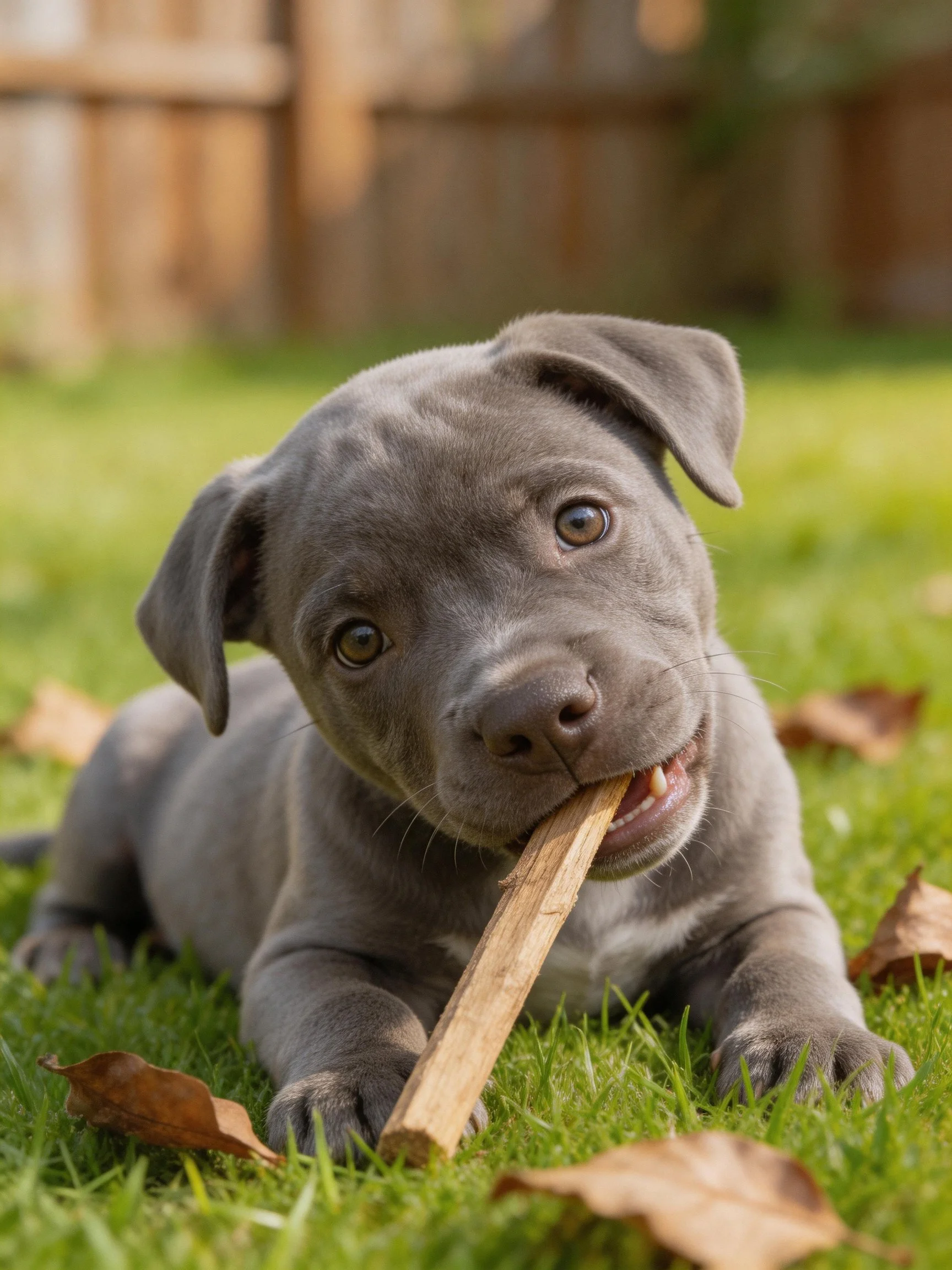 A gray puppy chews a wooden stick while lying on green grass.