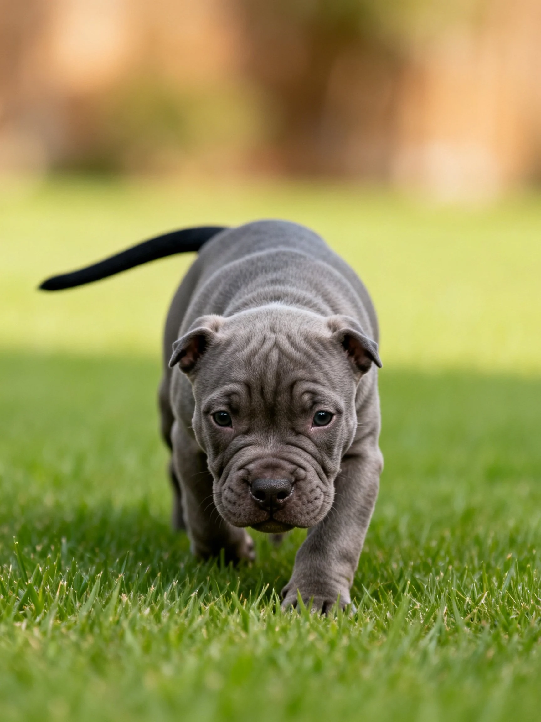 A gray puppy walks forward on lush green grass in a sunny outdoor area.