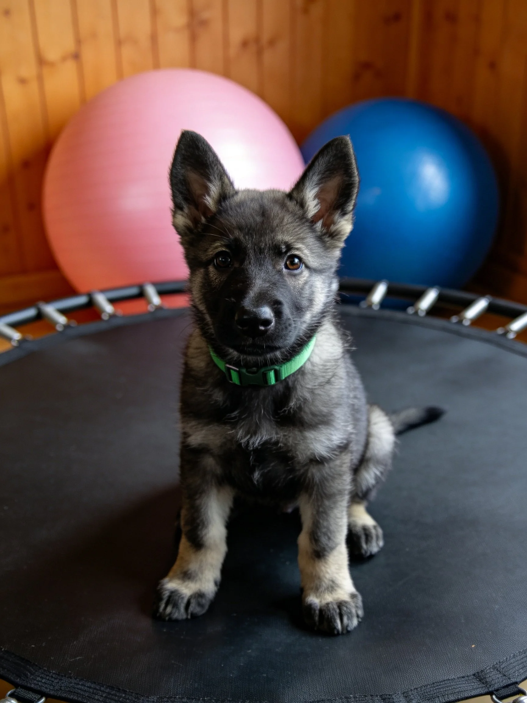 A gray puppy sits on a black trampoline with pink and blue exercise balls