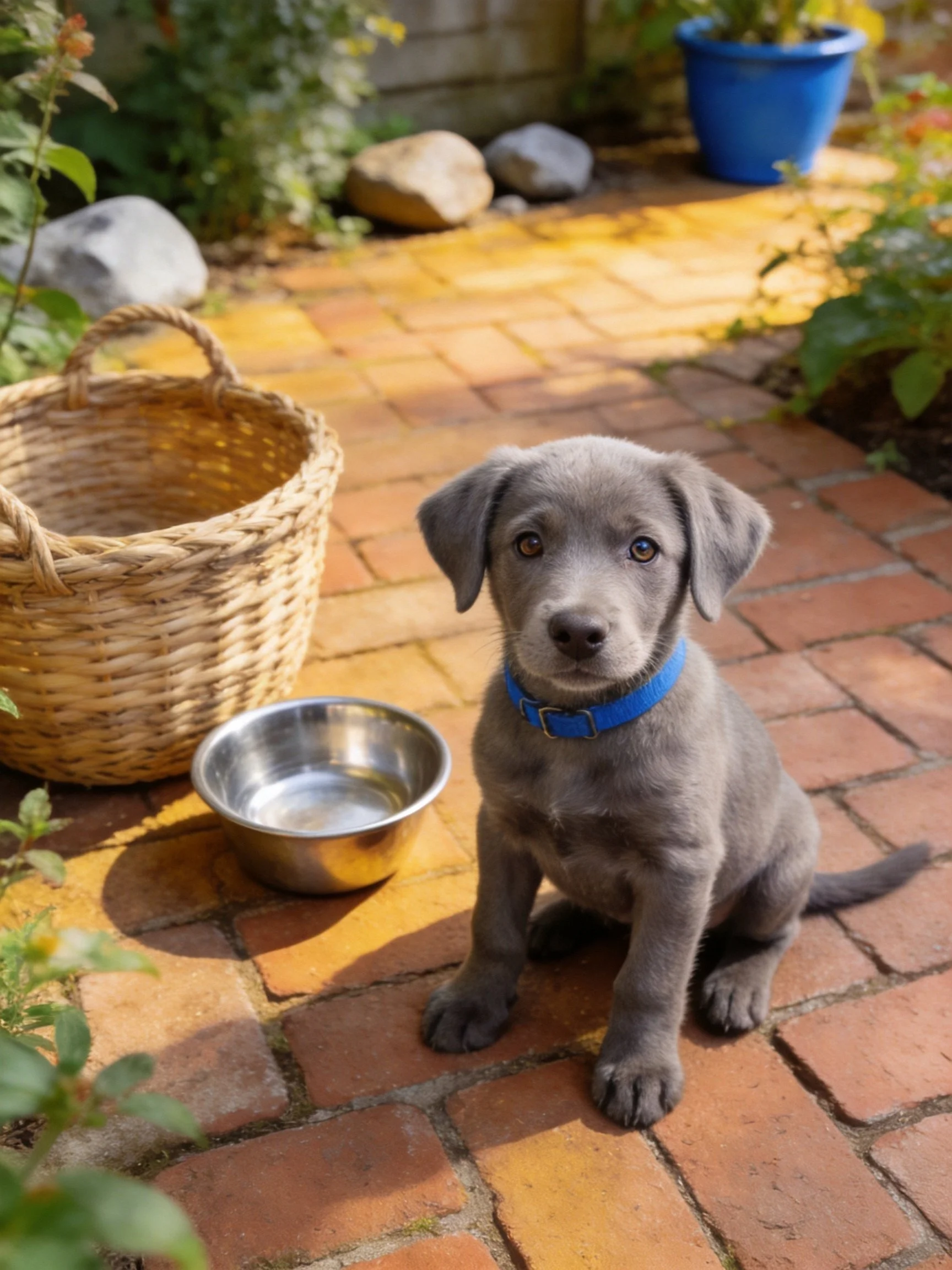 A gray puppy sits on a brick patio next to a wicker basket and metal bowl.
