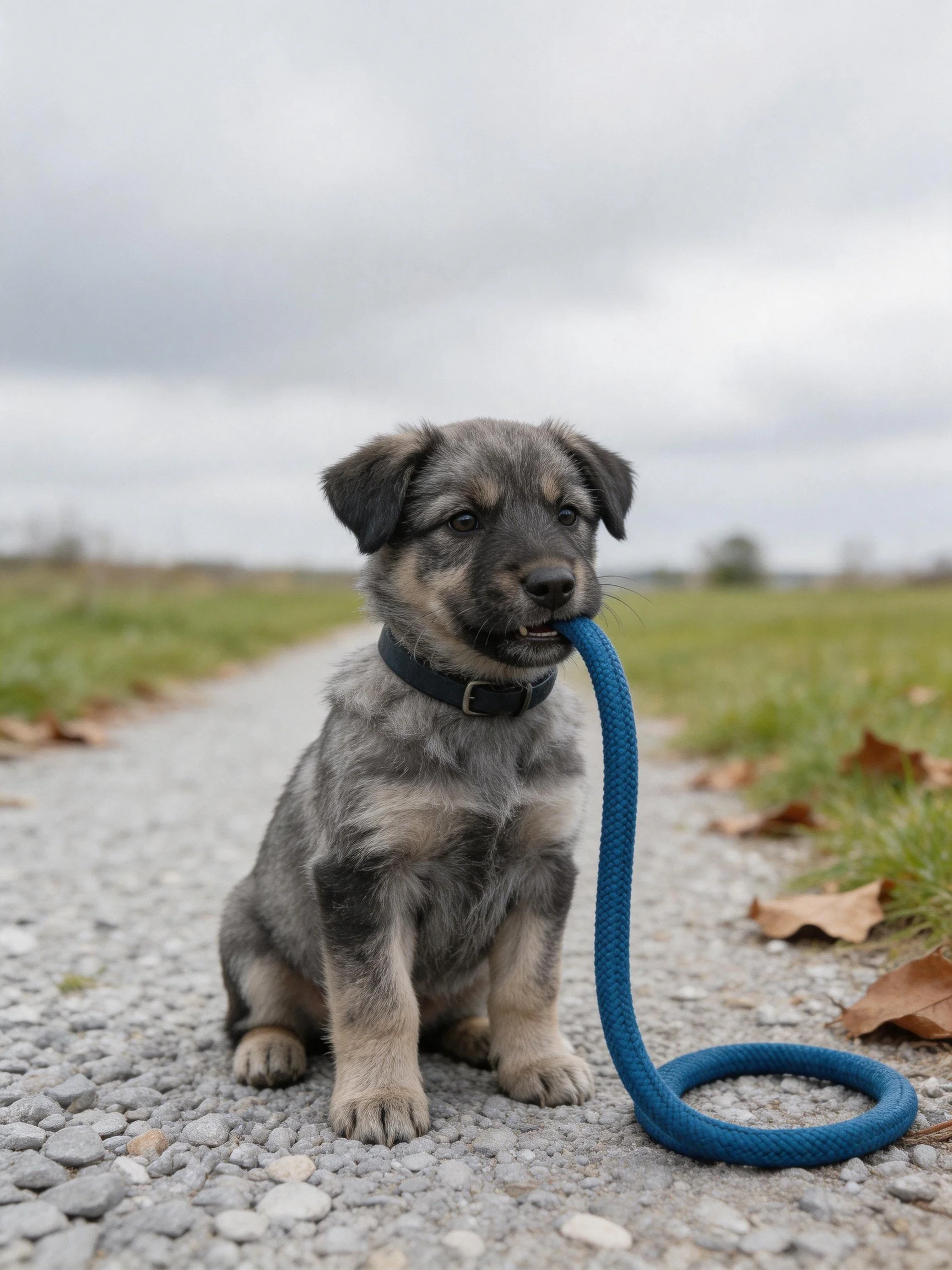 A gray puppy holds a blue rope while sitting on gravel.
