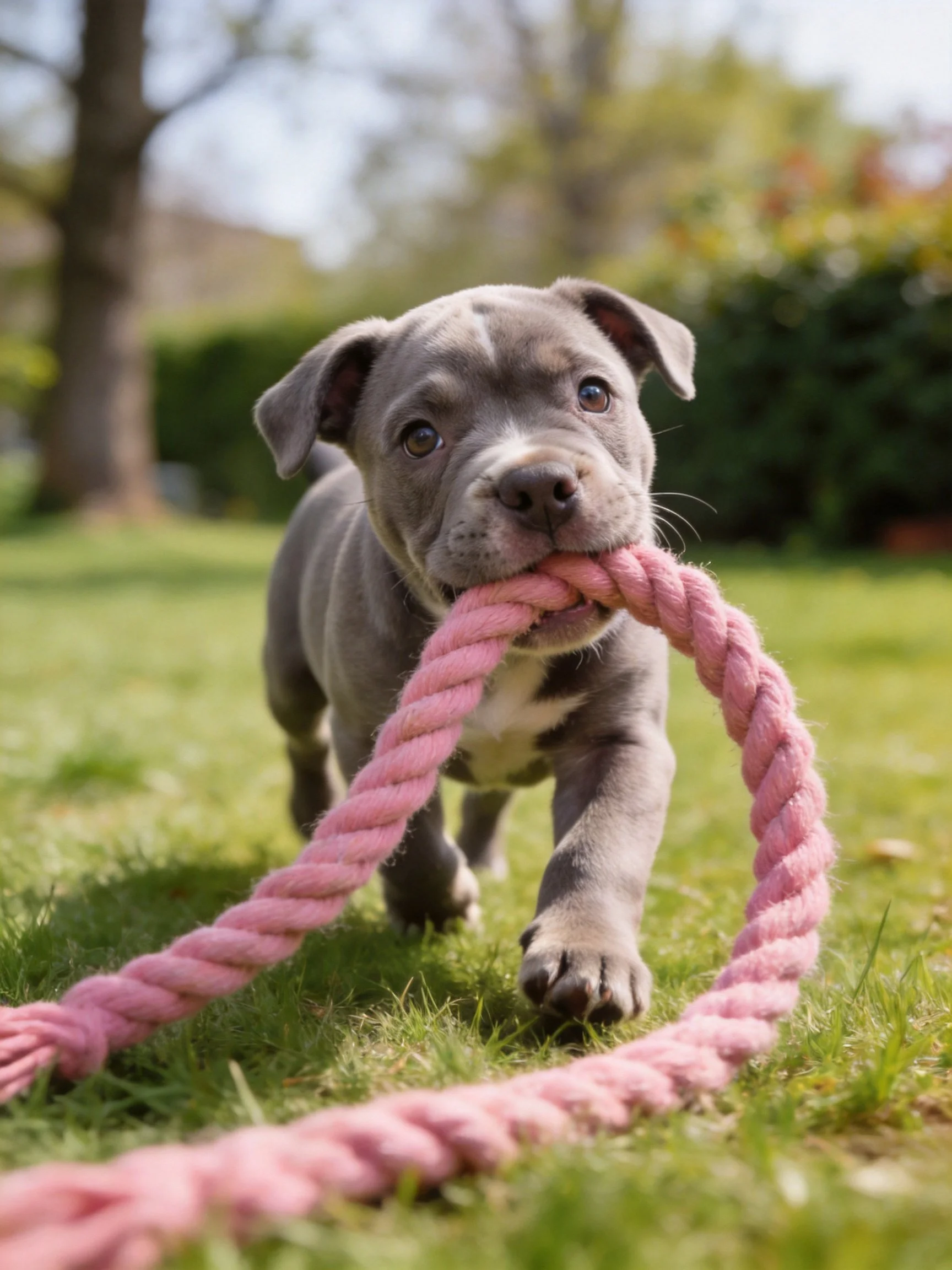 A gray puppy plays with a pink rope toy on green grass in bright daylight.