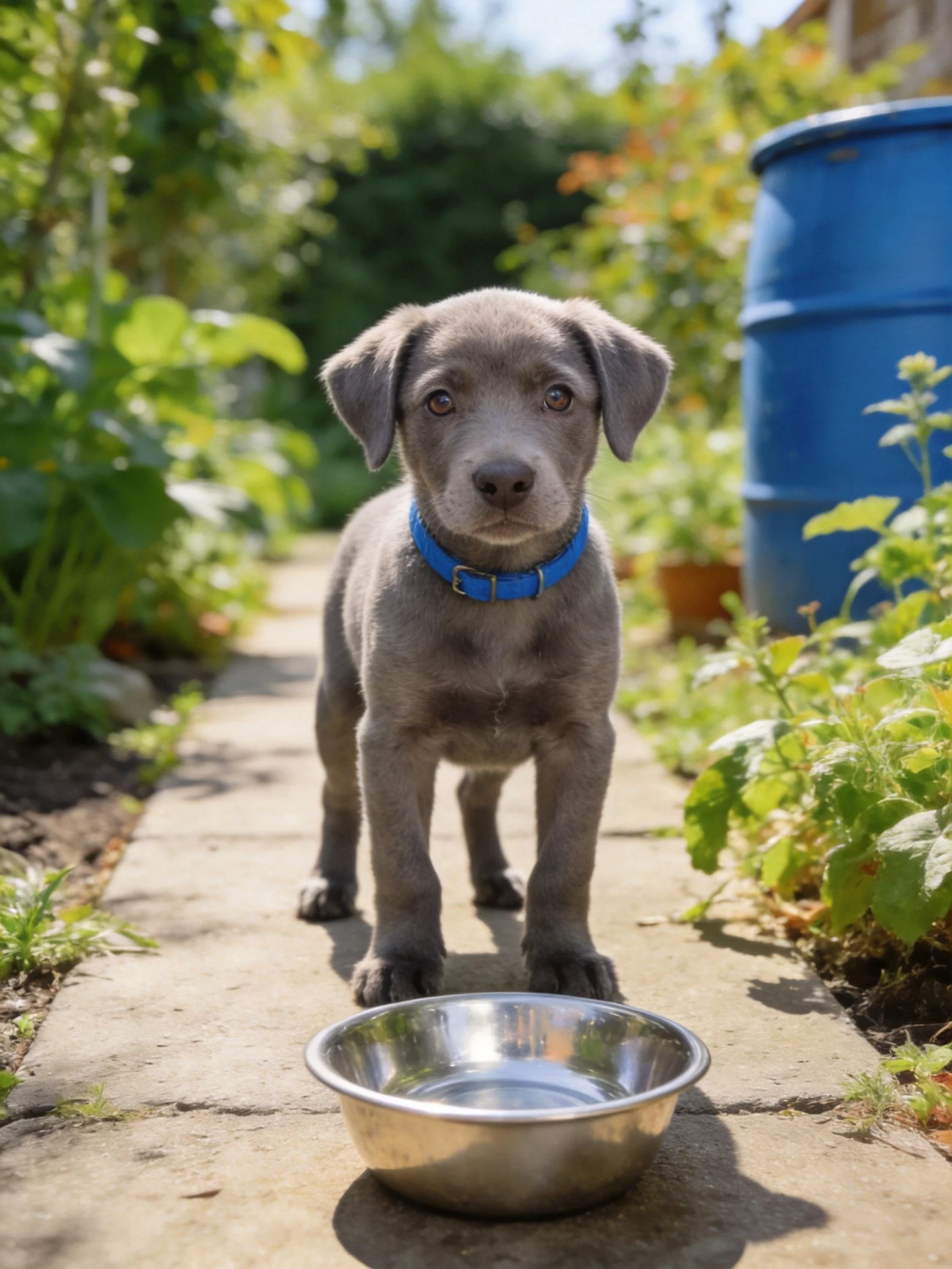A gray puppy with a blue collar stands beside a metal water bowl in a sunlit garden.