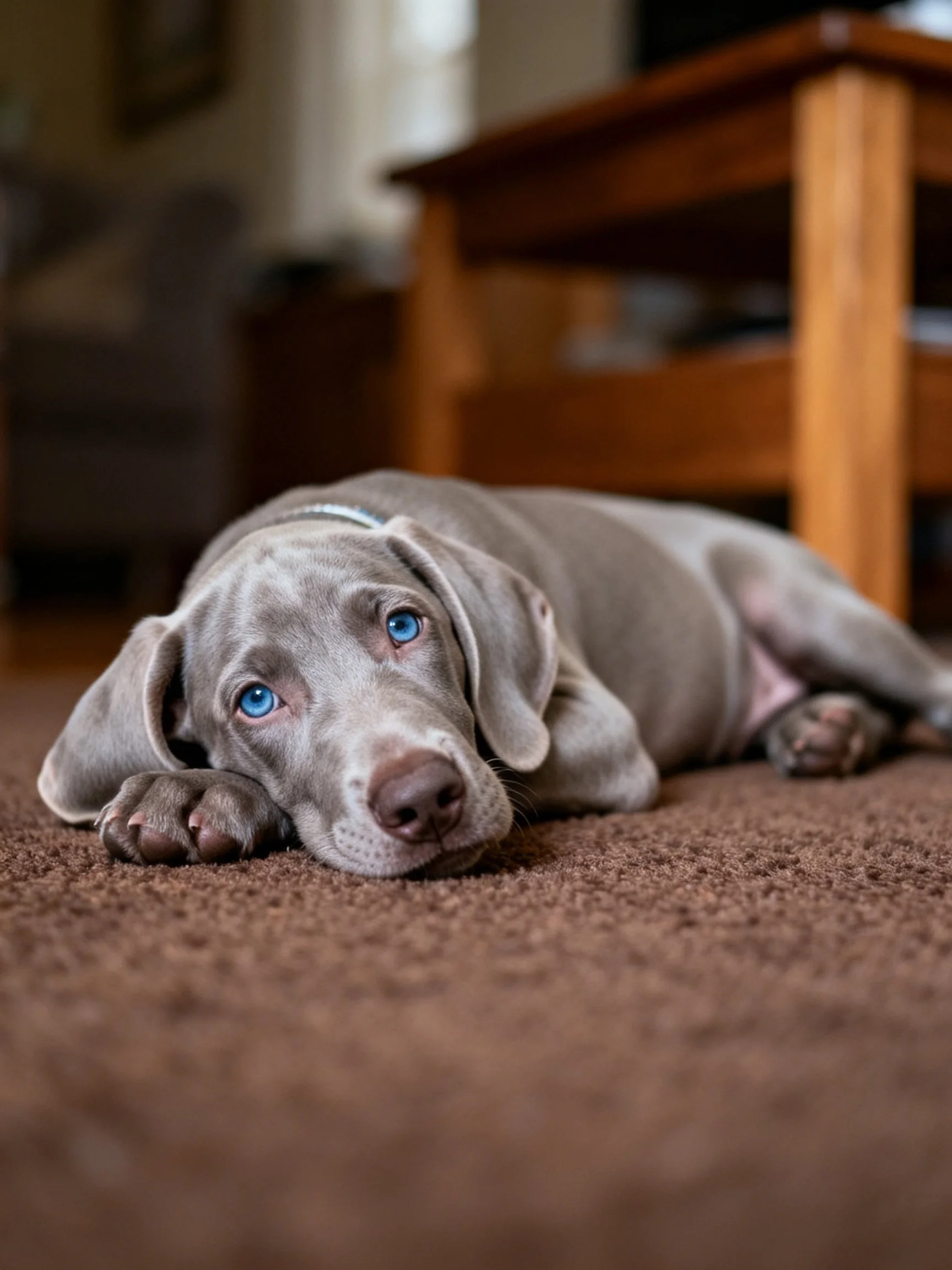 A gray puppy with blue eyes lies on a brown carpet in an indoor setting.