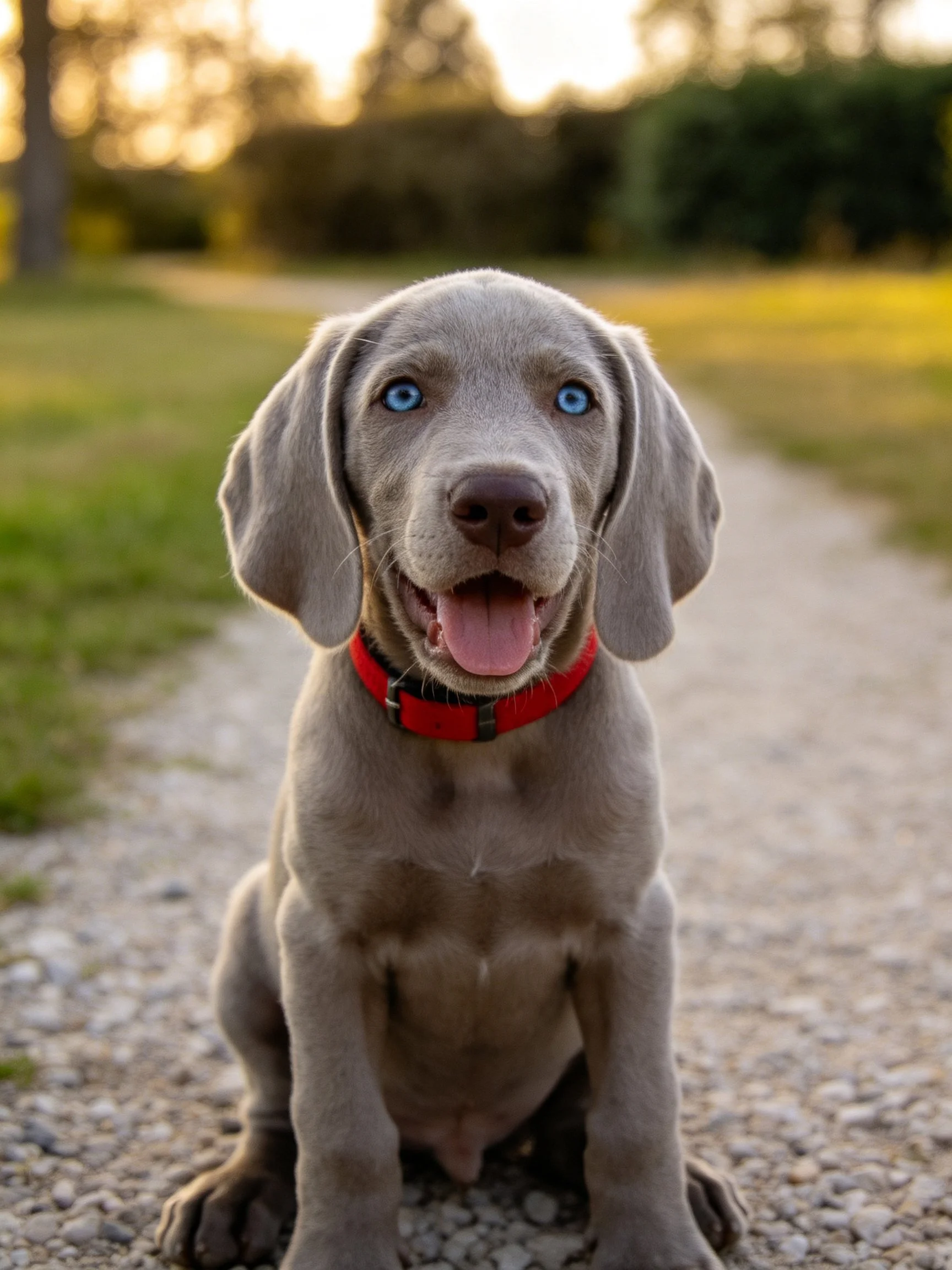 A gray puppy with blue eyes wears a red collar on a gravel path