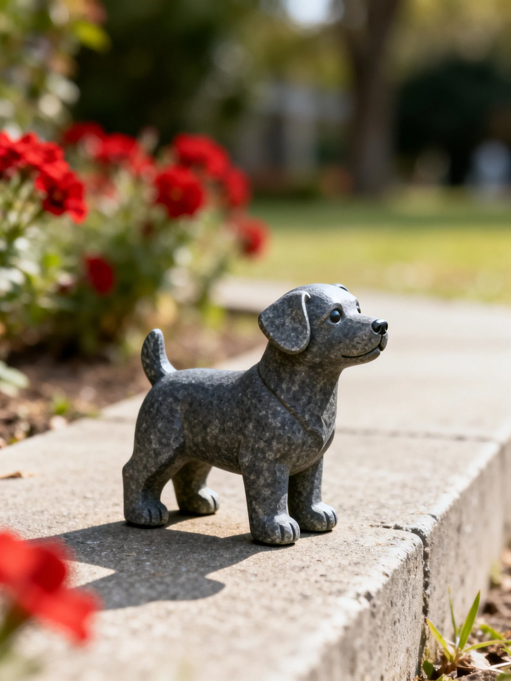 A gray stone dog statue sits on a concrete ledge next to bright red blooms.