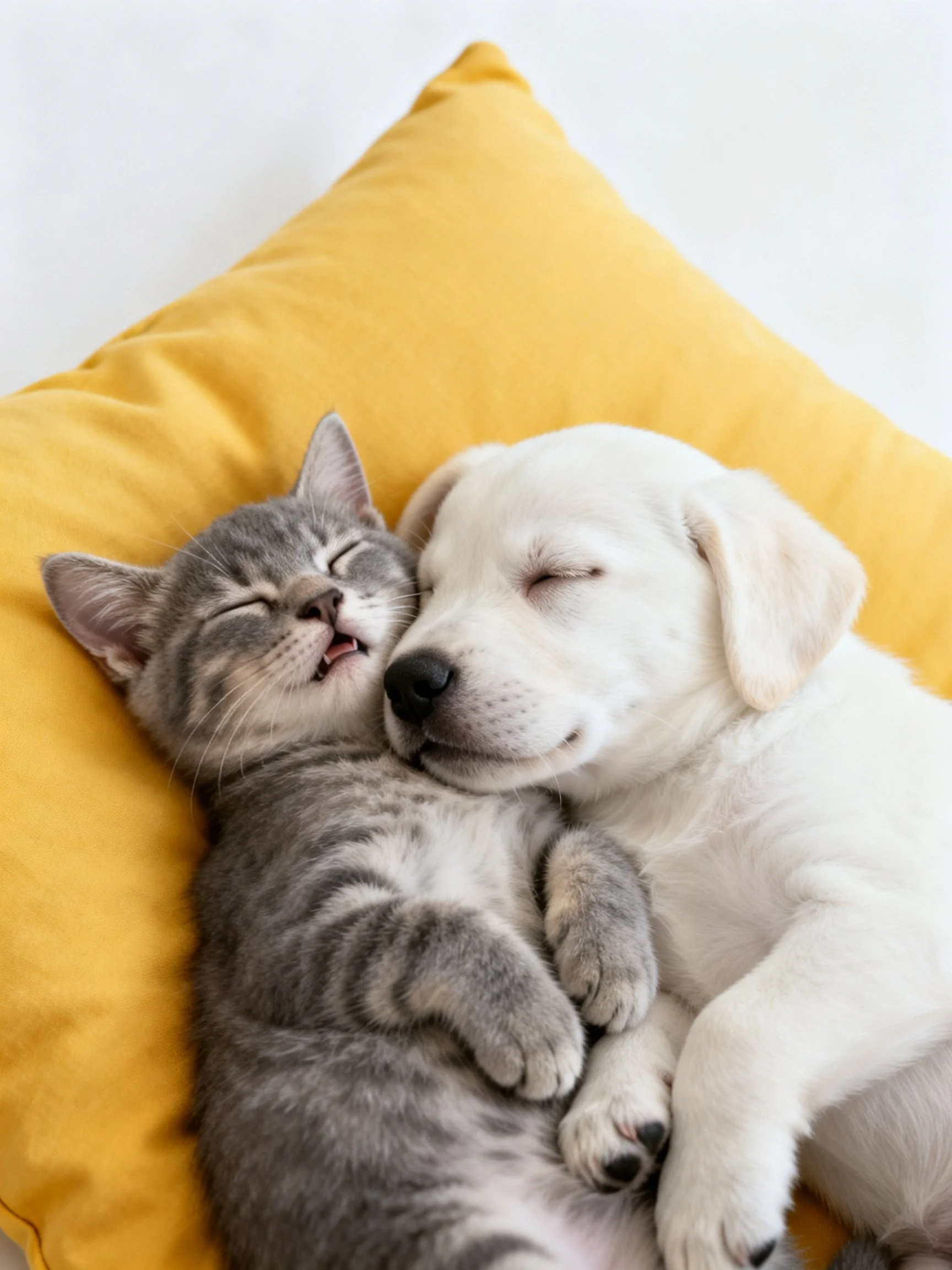 A gray tabby kitten and white puppy rest together on a yellow cushion.