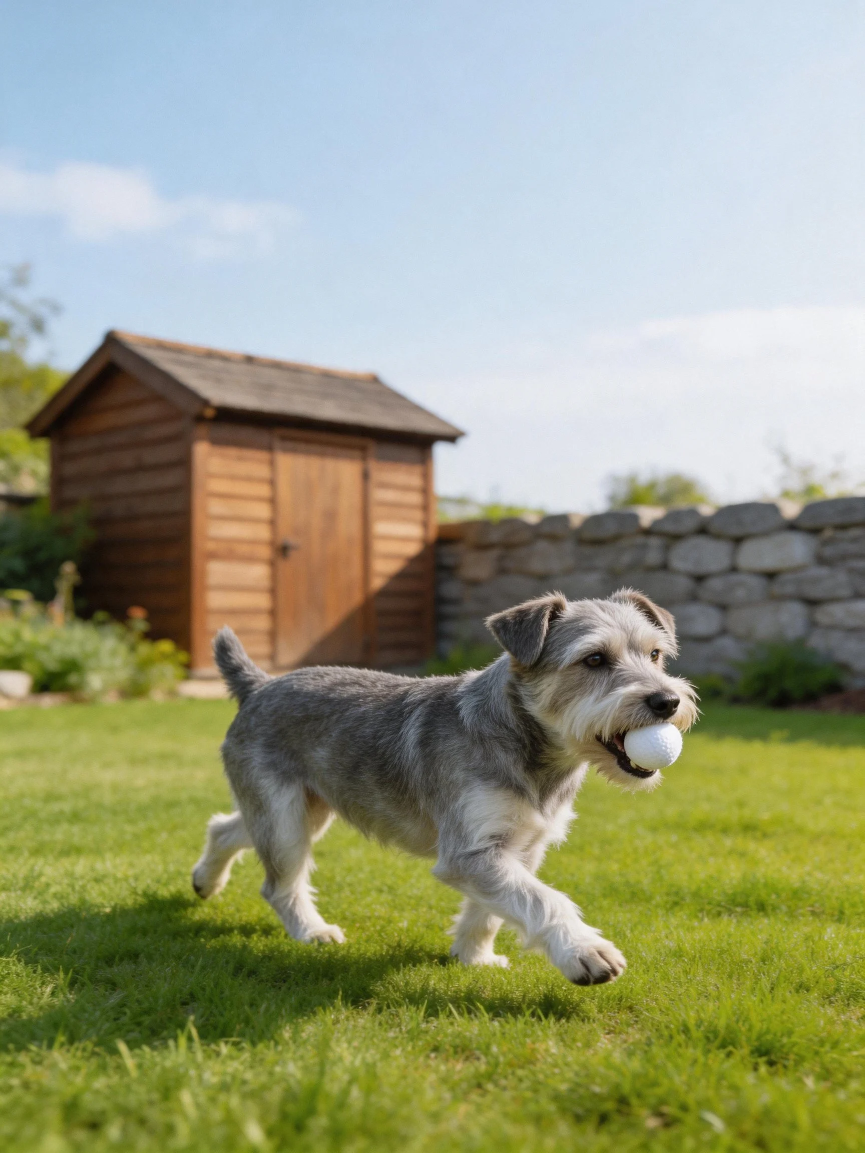 A gray terrier dog carries a white ball in a sunny backyard