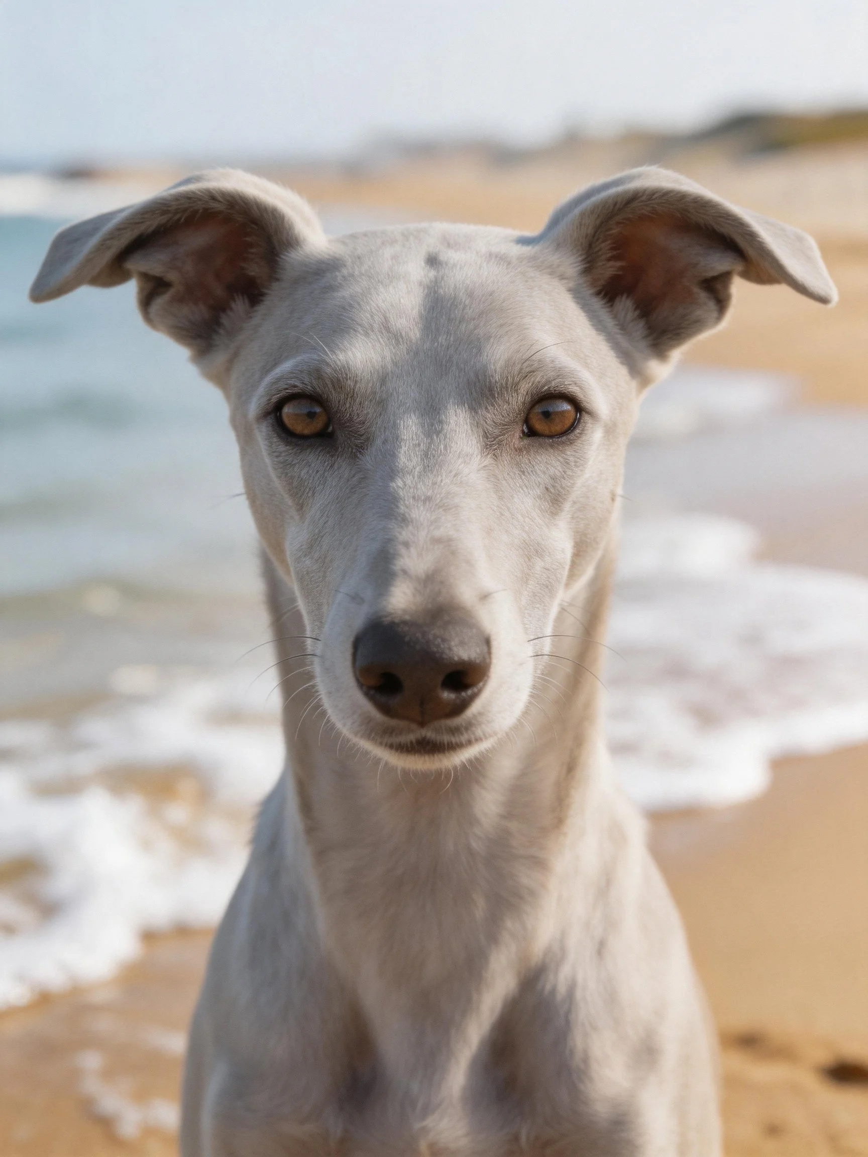 A gray whippet dog stands on a sandy beach near the ocean.
