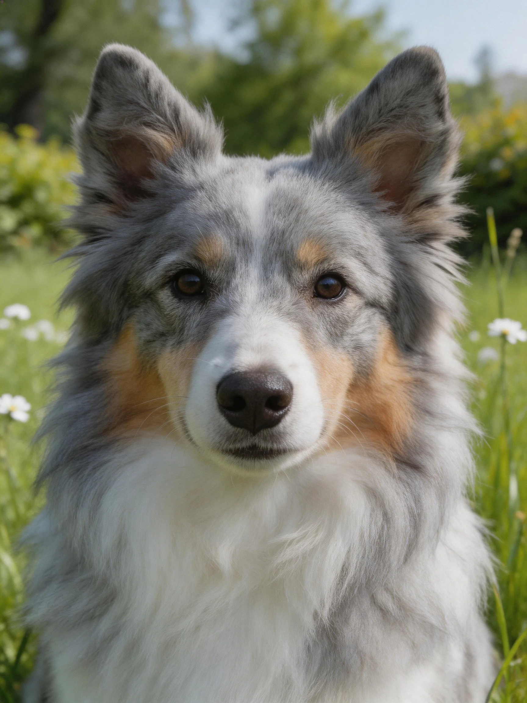 A gray, white, and tan collie in a grassy meadow