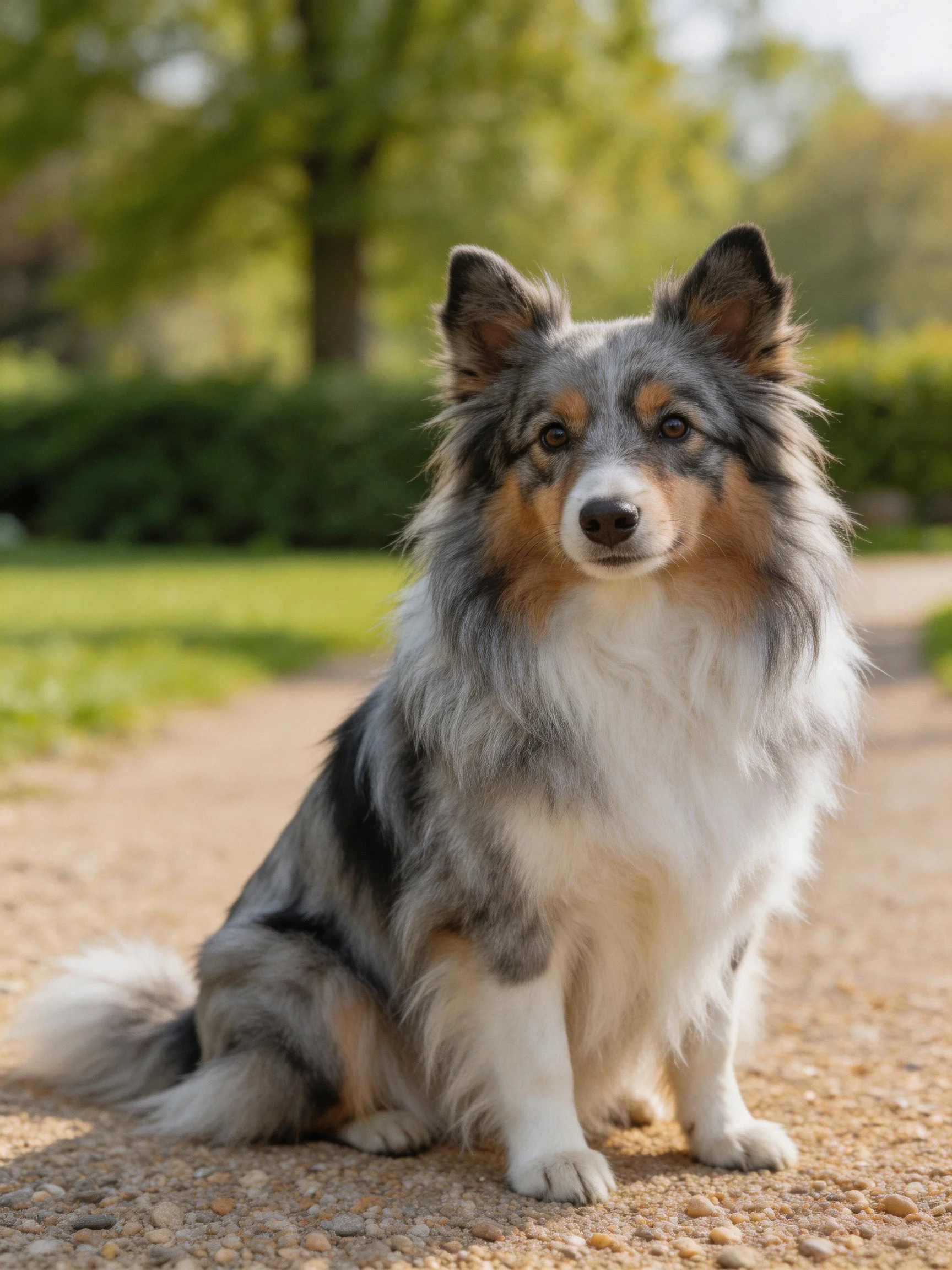 A tricolor collie sits calmly on a gravel path amid greenery.