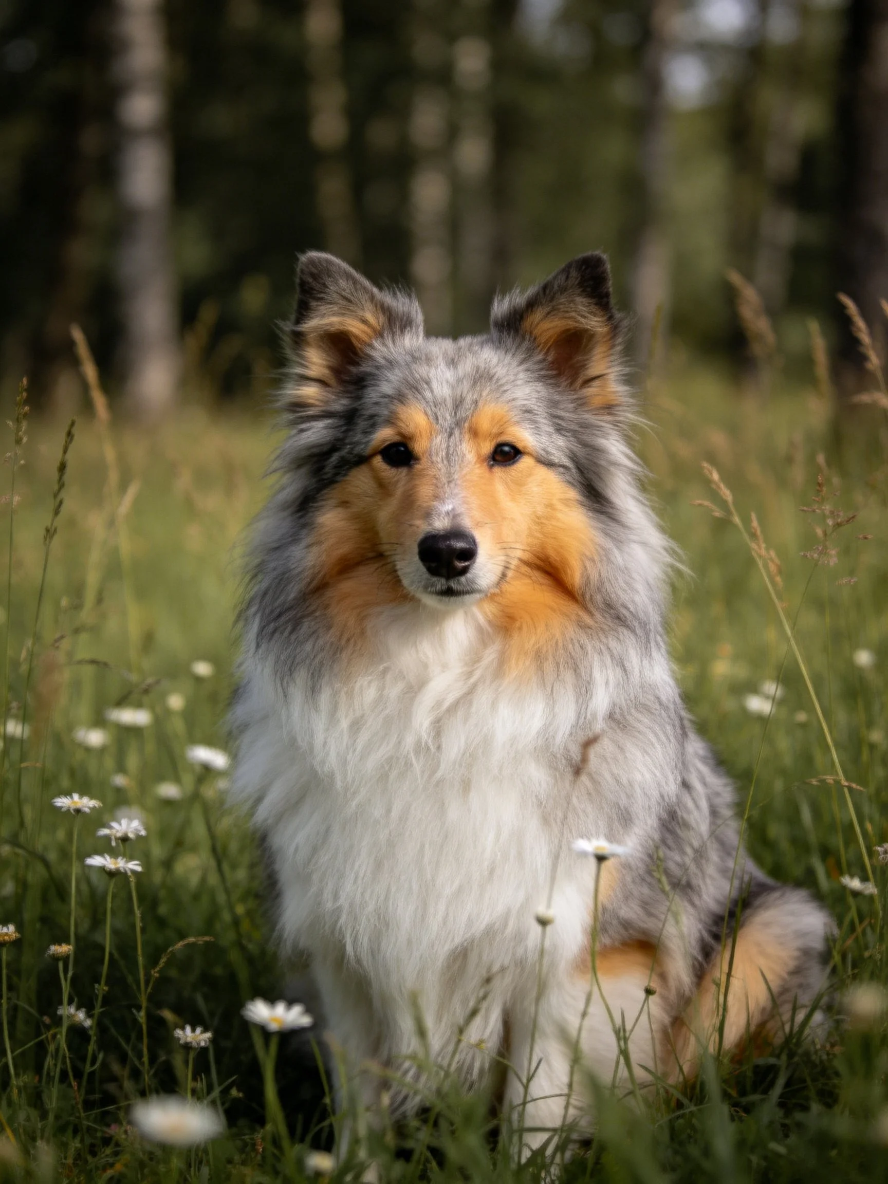 A tricolor dog sits peacefully among tall grass, daisies, and trees
